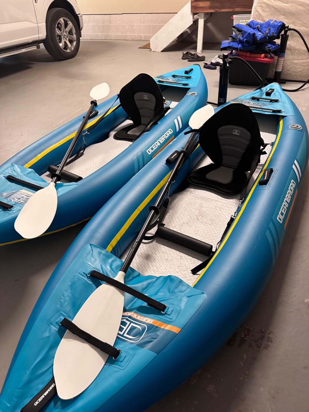 OCEANBROAD Inflatable Sit-in Kayak, 1 Person/2 Person Blow Up Kayak for Adults with Paddle, Kayak Seat, Pedal, Hand Pump and Bag, Blue/Sky Blue - Customer Photo 1