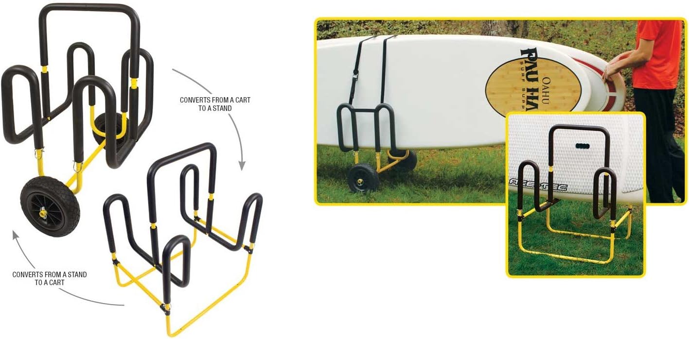 Suspenz Stand Up Paddle Board Surfboard Transport Cart & Stand, Double Trouble Carrier/Trolley Converts to a Stand for 2 SUPs & Surfboards, Yellow customer photo 1