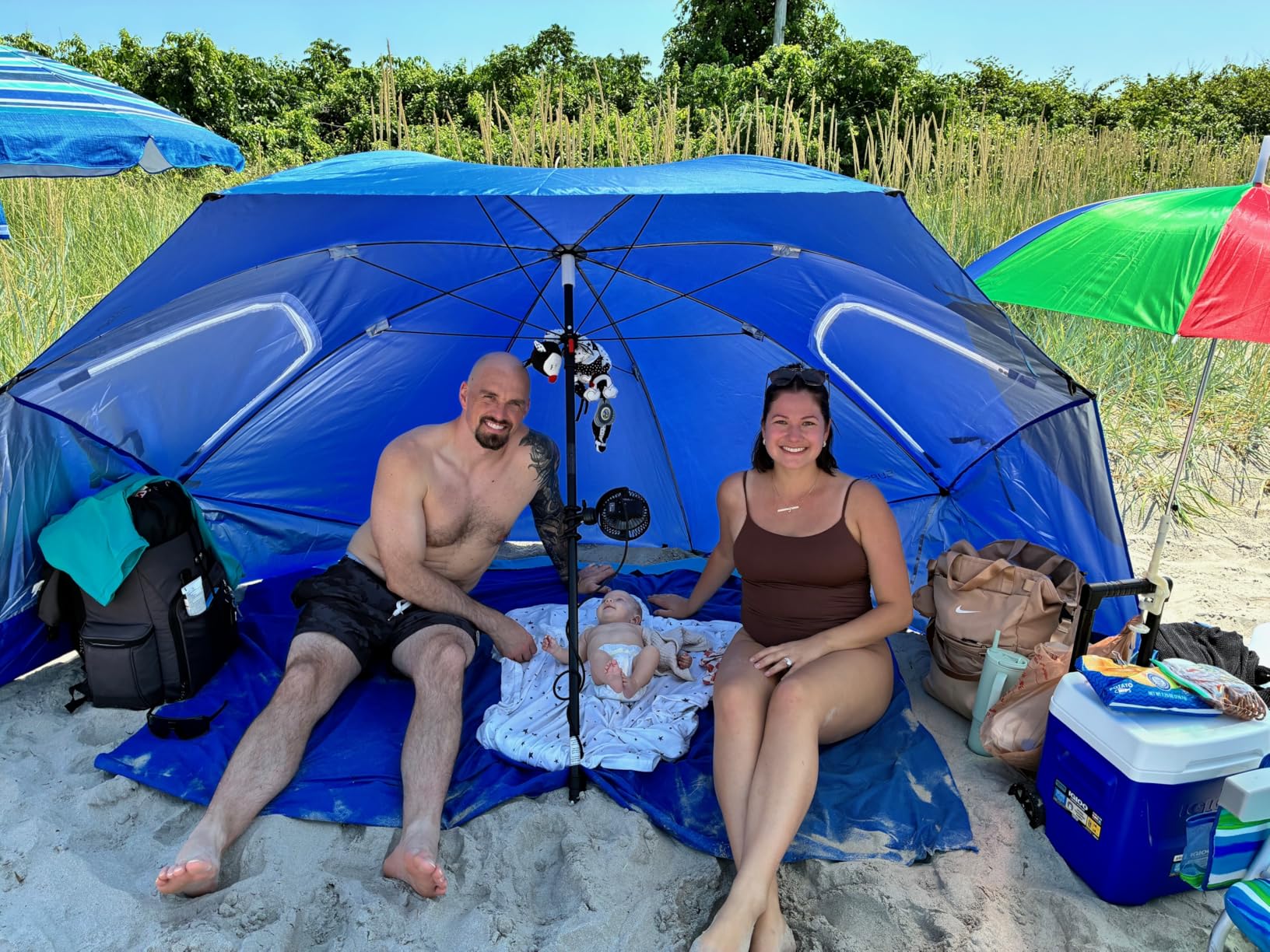 Super-Brella UPF 50+ Sun and Rain Canopy Umbrella, 8 Foot Portable Beach Shelter with Side Panels, Wind Flaps, and Carry Bag, Blue customer photo 1