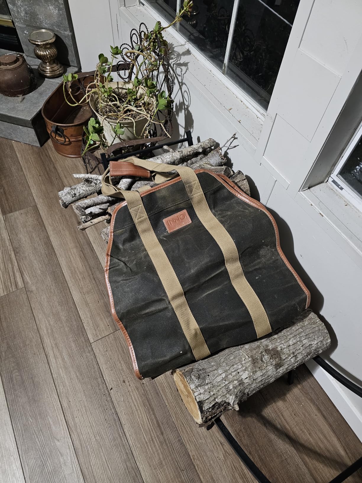 INNO STAGE Waxed Canvas Firewood Carrier Tote | Large capacity, convenient to haul firewood indoors outdoors, practical accessory for wood stove, simple to carry and store customer photo 1