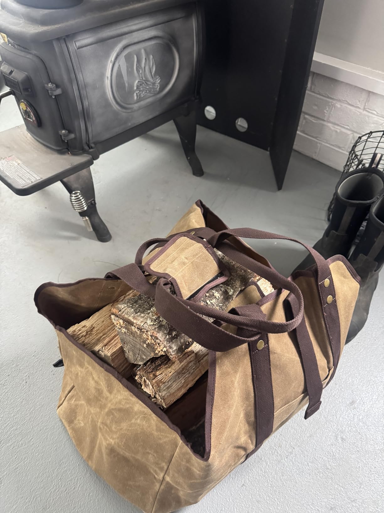 BONTHEE Firewood Carrier Bag Waxed Canvas Waterproof Extra Large Log Carrier Holder Freestanding Tote Bag for Firewood customer photo 1
