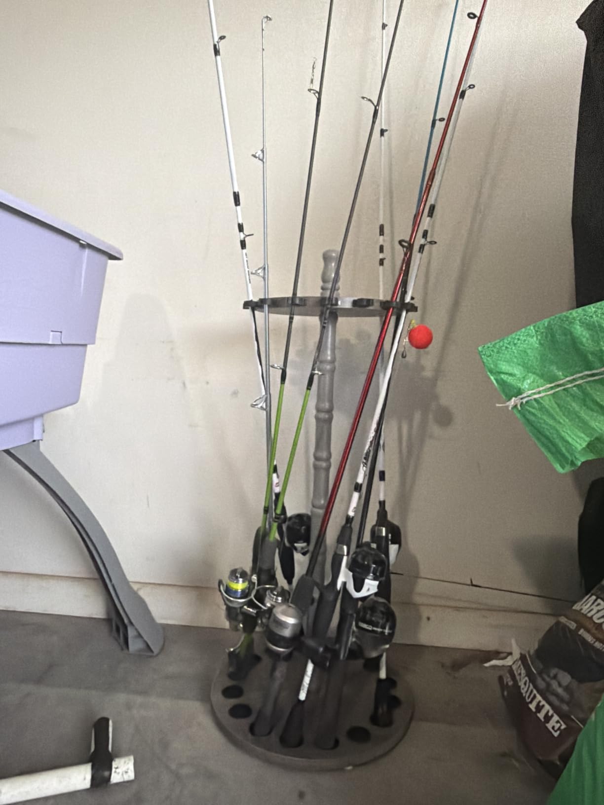 Rush Creek Creations 16-Rod Round Fishing Rod Holder for Garage, 360° Access Fishing Pole Holder for Fishing Rods, Reels, and Gear, Securely Holds 16 Rods, Barnwood customer photo 1