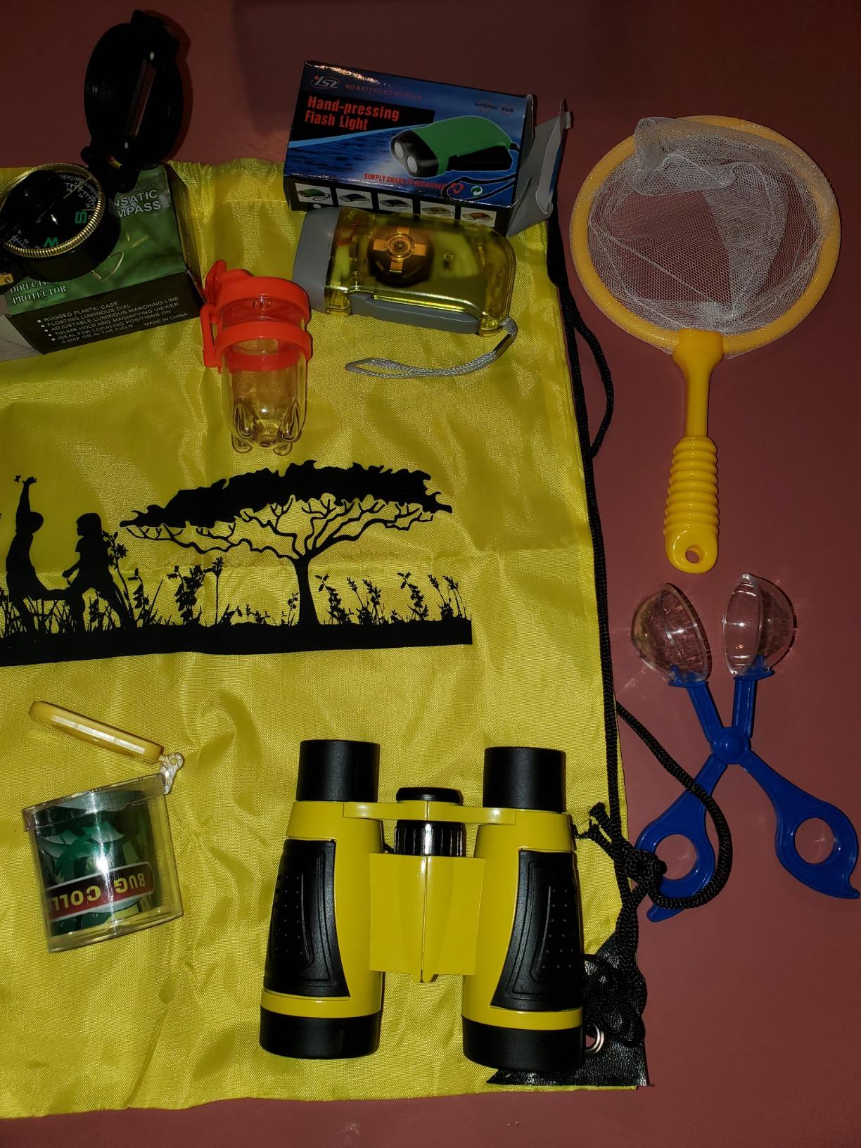 24 Pcs Kids Explorer Kit & Bug Catcher Kit for Kids, Outdoor Toys Adventure Camping Kit with Drawstring Bag, Binoculars, Compass, Whistle, Flashlight, Butterfly Net, Educational Nature Exploration Toys Gift for Boys Girls customer photo 1