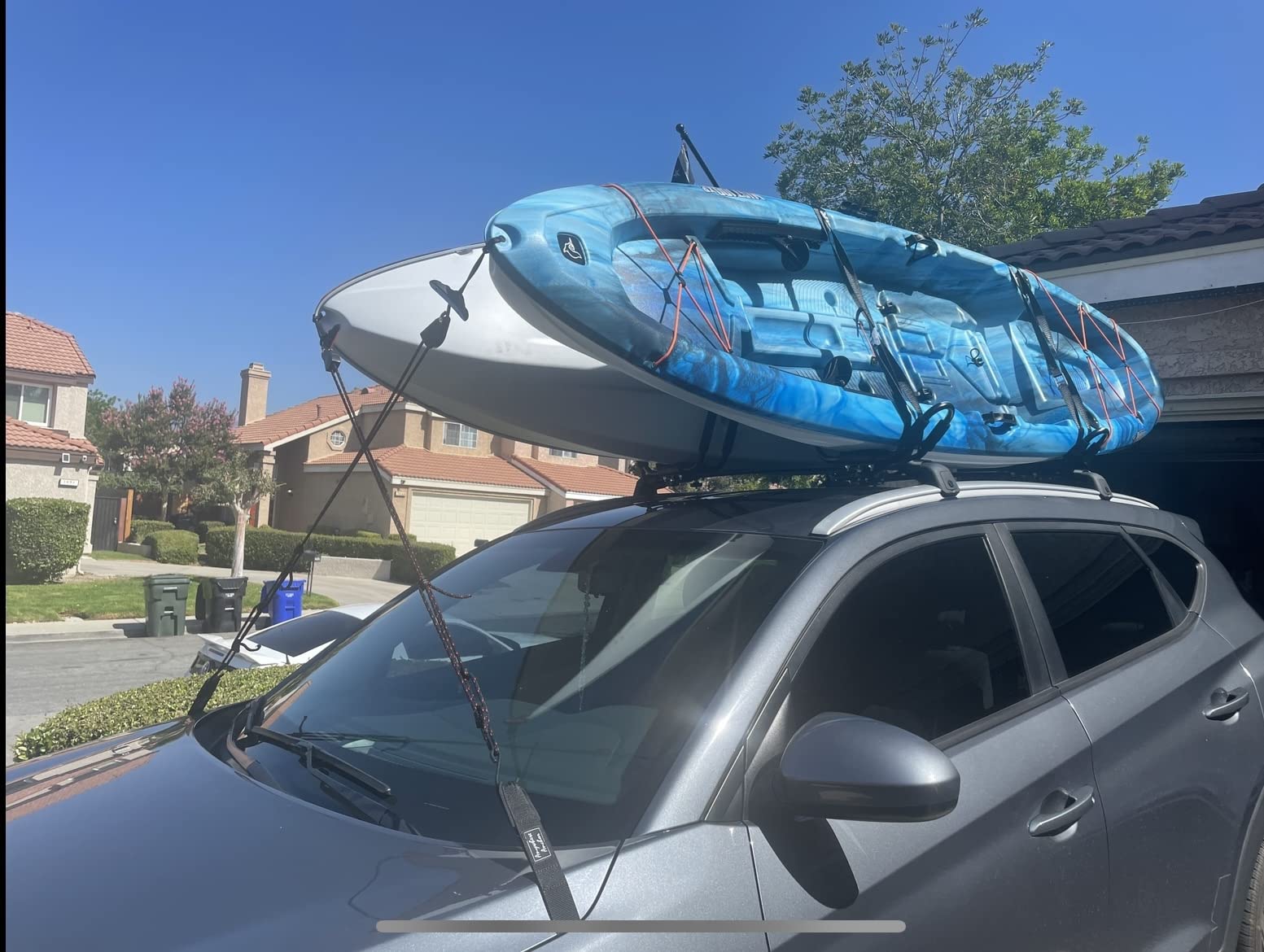 Seamander Kayak Bow & Stern Tie Down Straps with Pulley System for Car Roof - Quick Hood & Trunk Install, Locking Tension, Fits 8-14ft Kayaks, 2x1/4