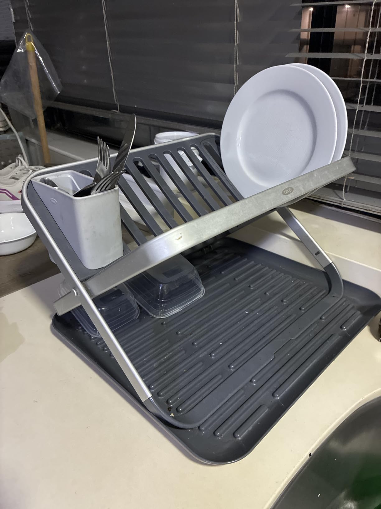 OXO Good Grips Aluminum Fold Flat Dish Drying Rack, 2-Tier, with Drainboard, for Kitchen Counter, Collapsible customer photo 2