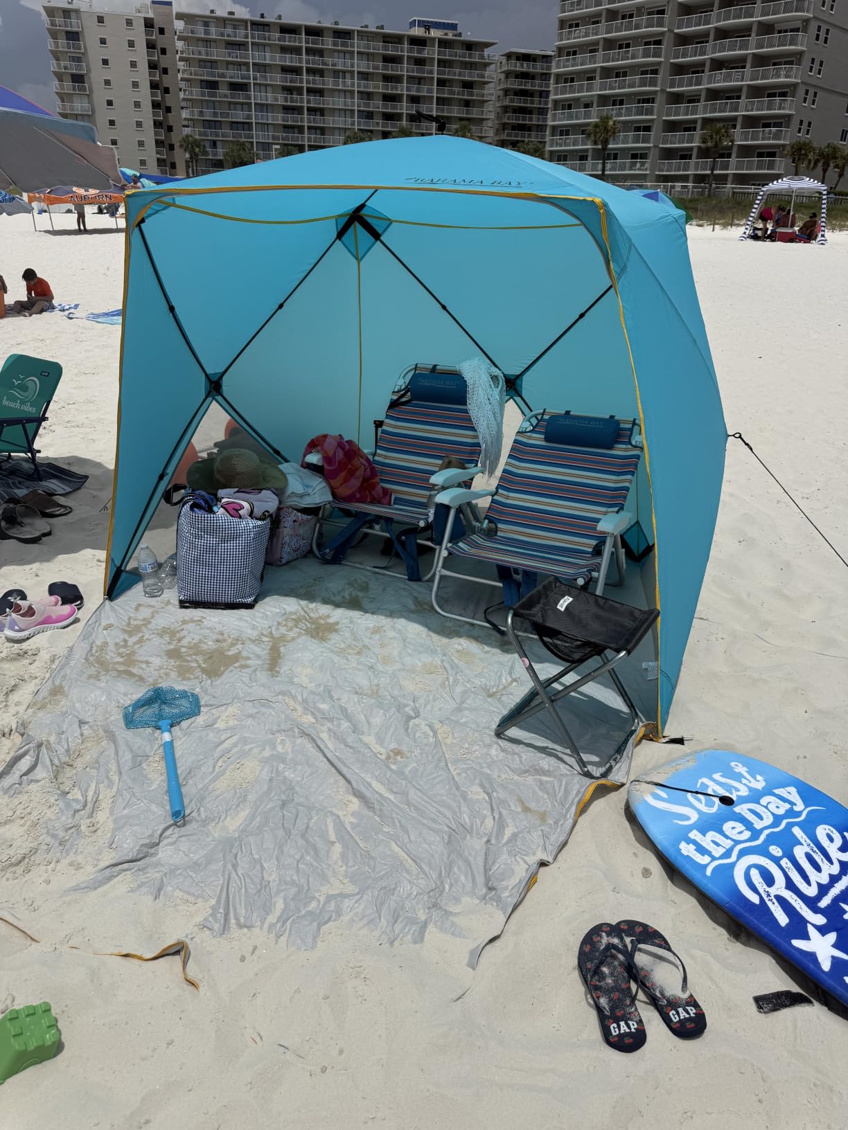 Pop Up Beach Tent, Portable Shade Sun Shelter UPF50+ UV Protection for 4 Person Extendable Floor for Fishing Hiking Camping, Waterproof Windproof (Blue) customer photo 2