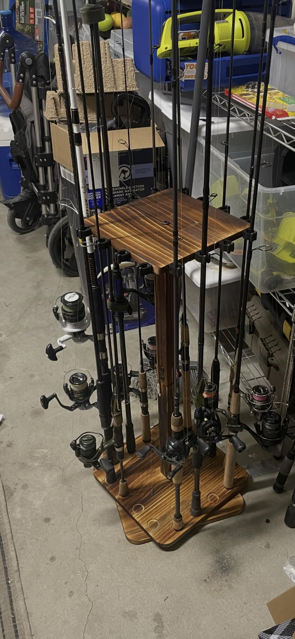 Rotating Fishing Rod Holder for Garage, Wood Floor Stand Pole Rack | 360° Rotation Pole Rack Keeps 16 Rods Tidy, Durable Stable Easy Assembly Fishing Gear Storage Saving Space for Garage & Boat customer photo 1
