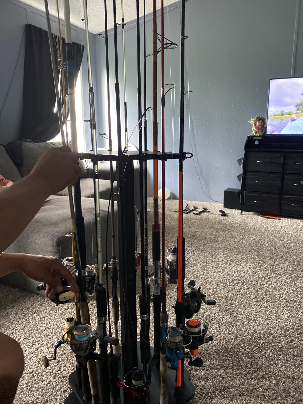 Rotating Fishing Rod Holder for Garage, Wood Floor Stand Pole Rack | 360° Rotation Pole Rack Keeps 16 Rods Tidy, Durable Stable Easy Assembly Fishing Gear Storage Saving Space for Garage & Boat customer photo 2