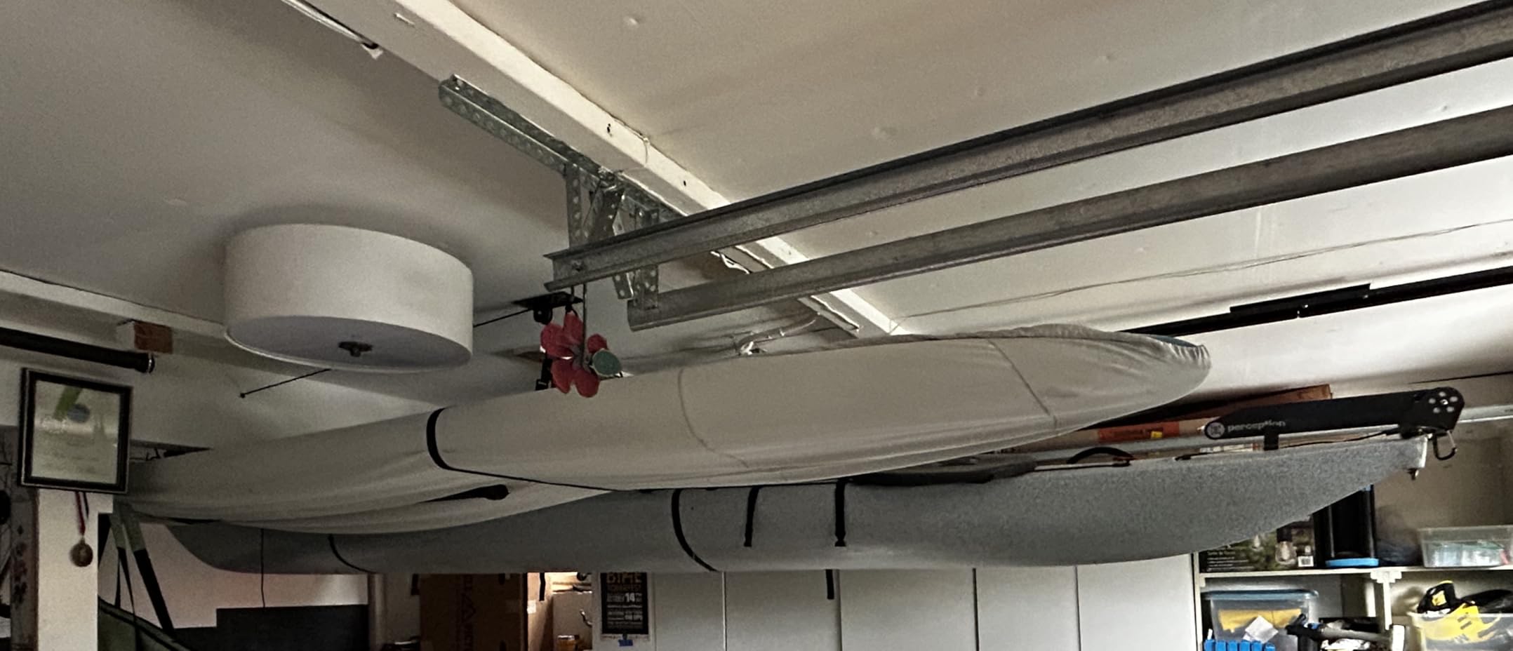 StoreYourBoard Kayak and Canoe Ceiling Hoist - Overhead Garage Storage Rack for Kayaks, Canoes, and Paddle Gear - Heavy Duty Pulley System Indoor Ceiling Mount customer photo 2