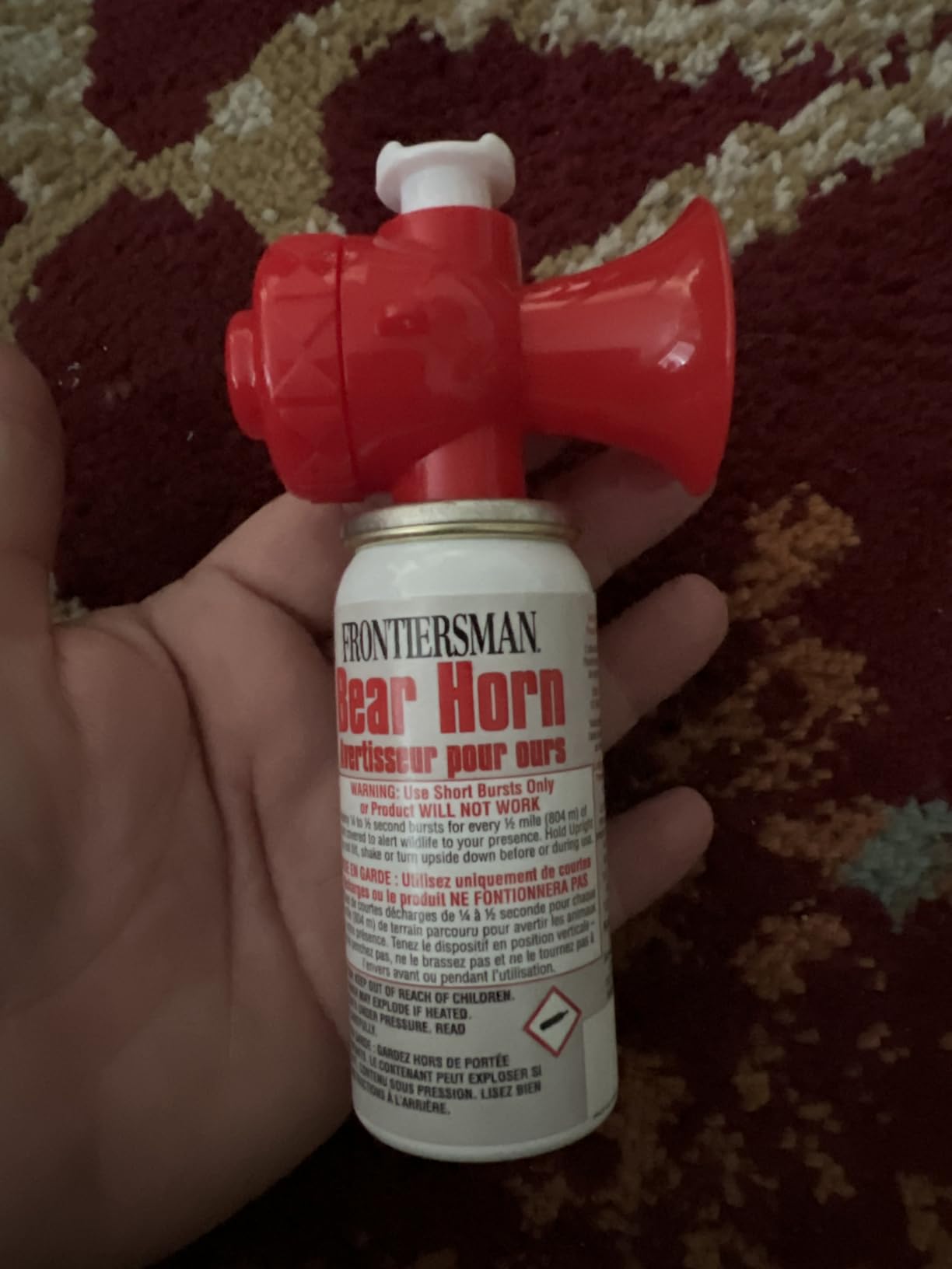 SABRE Frontiersman Bear Horn, 130dB Audible Up to 0.5 Miles, Nonflammable & Eco-Friendly, On/Off Lock Prevents False Alarms, 60 1/4-Second Blasts, Bear Spray Companion, Designed & Assembled in USA customer photo 1