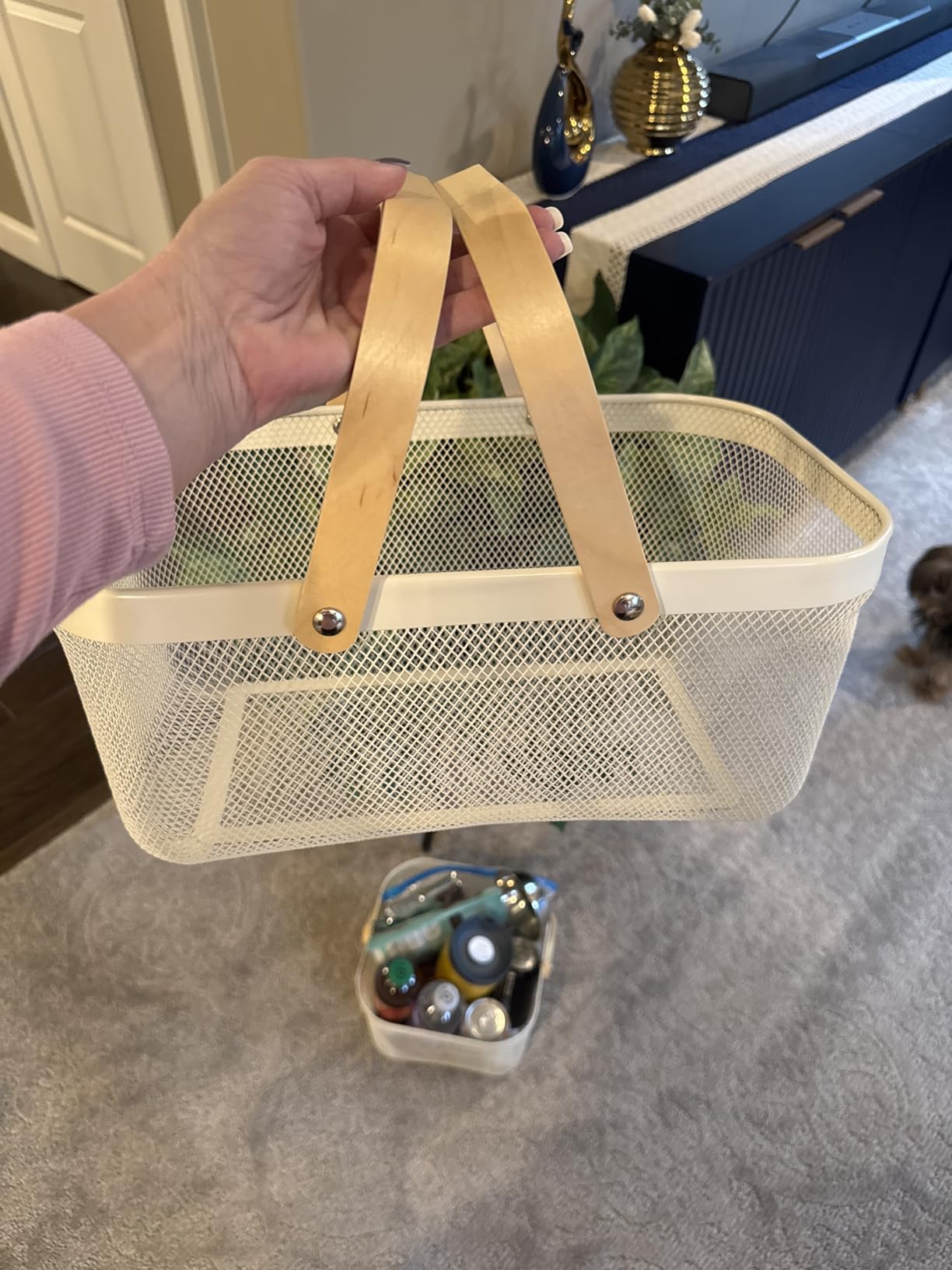 Cheardia 2 Pack Picnic Baskets, Metal Mesh Harvest Basket with Foldable Wooden Handle, Rectangle Garden Storage Basket Bin customer photo 1