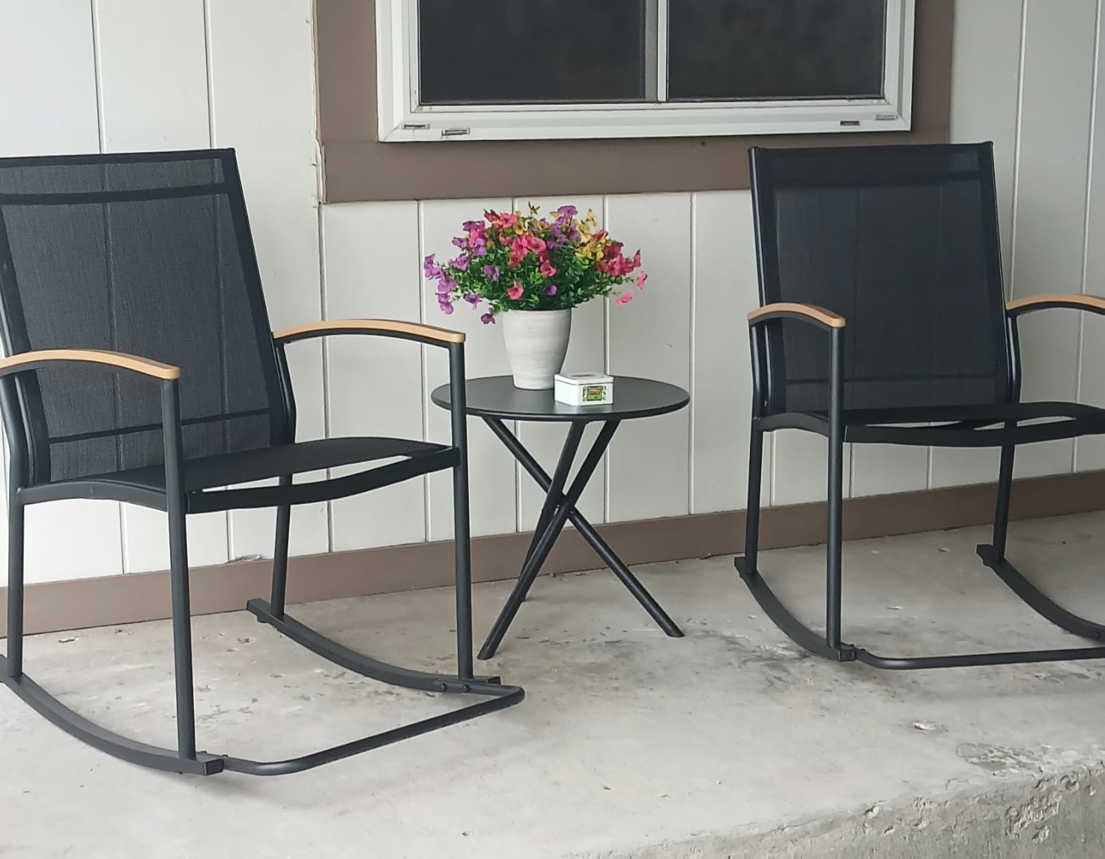 Shintenchi 3 Piece Outdoor Rocking Bistro Set, Textilene Fabric Small Patio Furniture Set, Front Porch Rocker Chairs Conversation Set with Table for Lawn, Garden, Balcony, Poolside (Black) customer photo 1