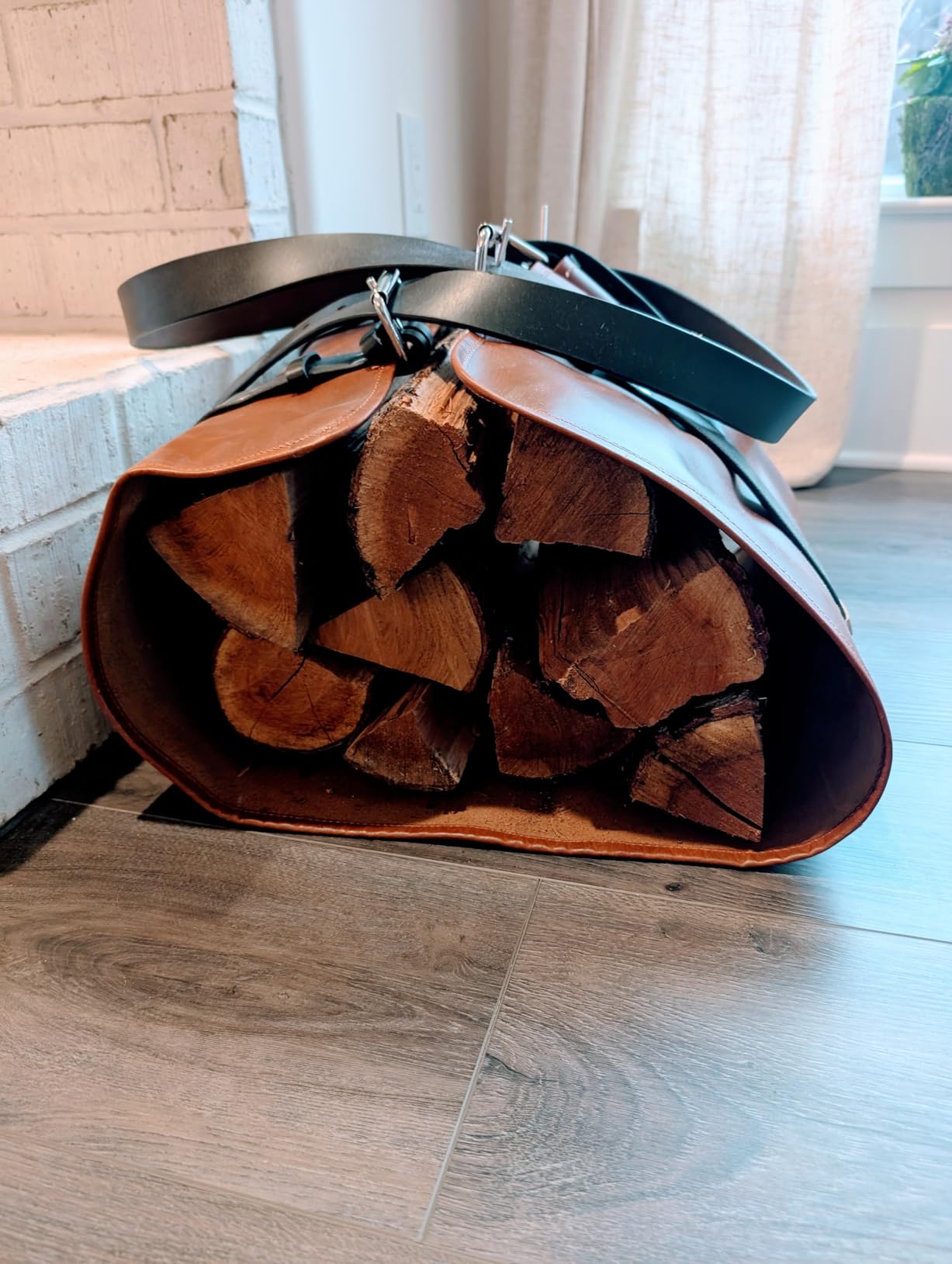 DarkRabbit Leather Firewood Carrier, Cabin Wood Log Carrier, Large Log Tote Bag for Fireplace, Campfire, or Outdoor Fire Pit | Heavy Duty Leather Wood Holder for Winter or Camping Stove 44X20 customer photo 2