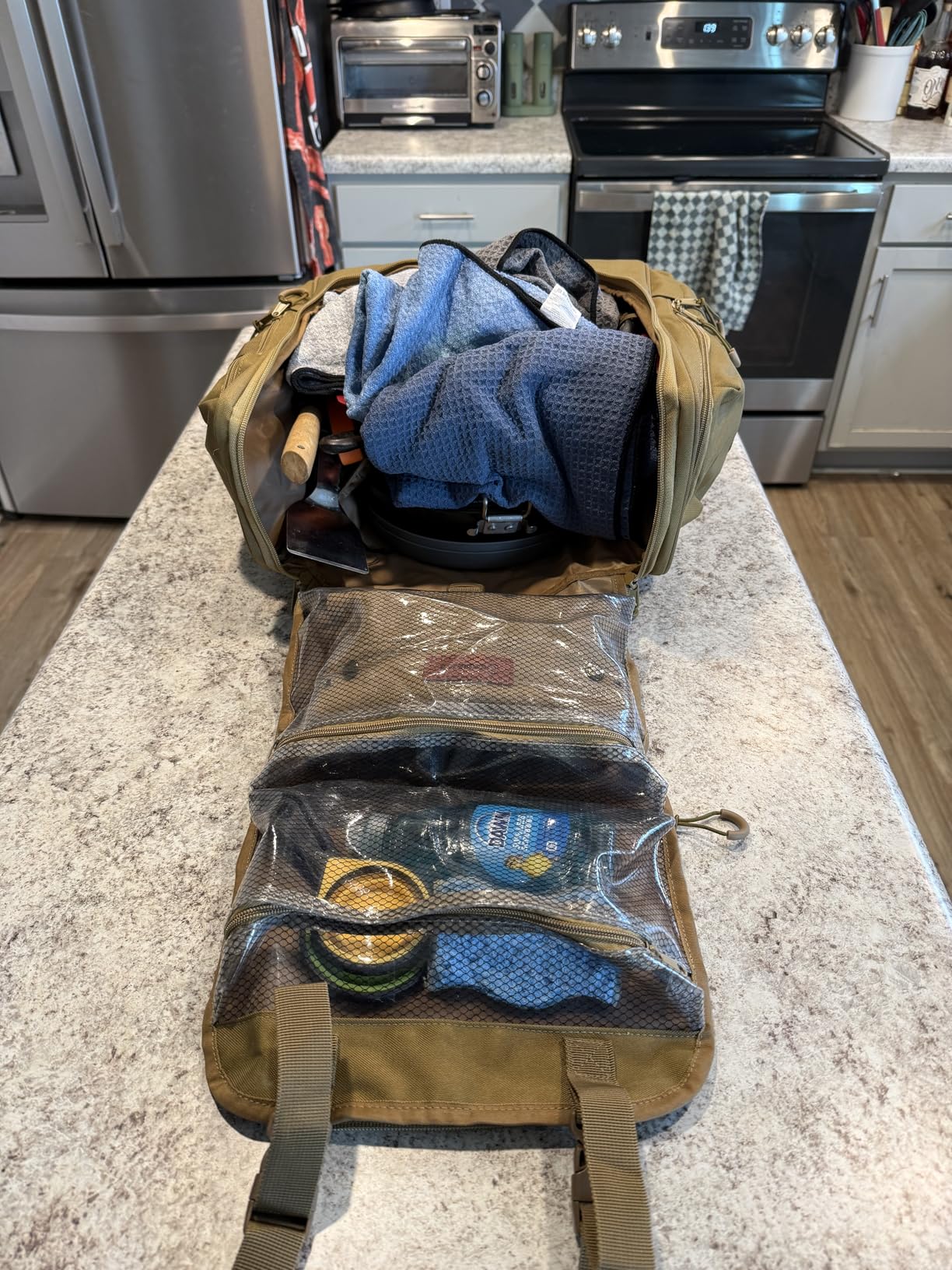 HODRANT Large Tactical Camping Kitchen Organizer for BBQ Cooking Essentials | Hanging Cookware Storage Bag with Paper Towel Holder & Multi Pockets, Portable Camp Utensil Organizer, Khaki customer photo 2
