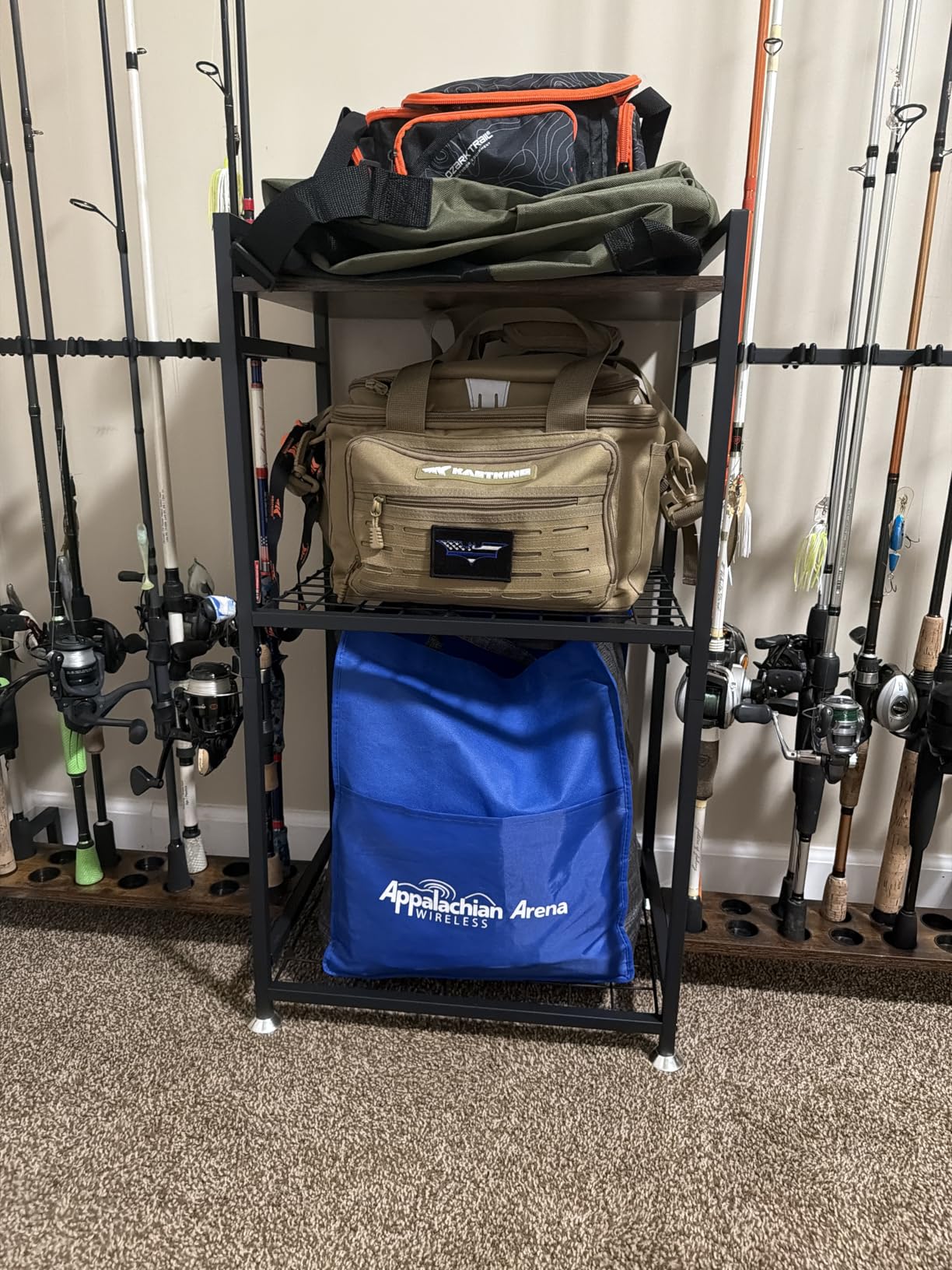 SOYEEZE Fishing Rod Holder for 28 Rods, Ground Stand Fishing Pole Holders for Garage, 3-Sided Vertical Fish Rod Rack for Tackle Box, Fishing Supplies, a Display Fish Gear Storage Gift for Man customer photo 2
