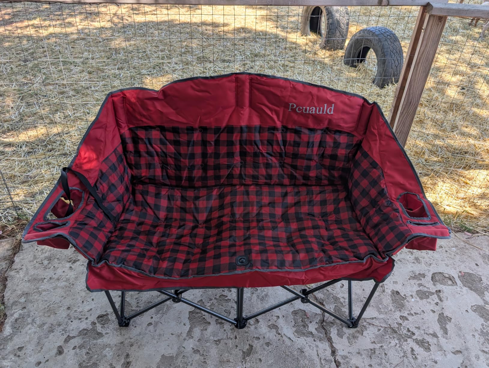 Double Camping Chair Padded Loveseat Camping Couch, Oversized 2 Person Camp Chairs with 2 in 1 Carry Bag, Heavy Duty Folding Lawn Chair Sofa with Cup Holders for Adults Patio Backyard Beach, Gray customer photo 1