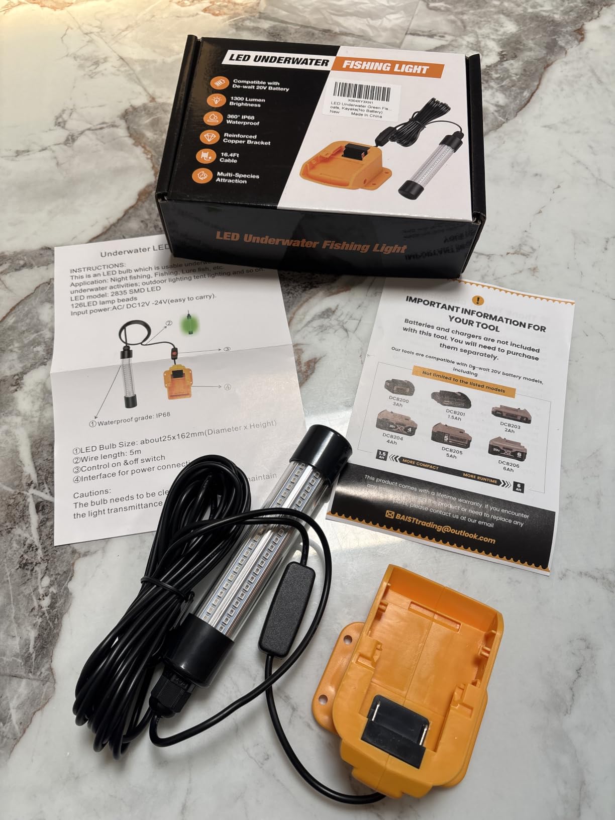 OLIBUY Underwater Green Fishing Light Compatible with DeWalt 20V Battery, LED Green Light for Fishing, 13W 1300 Lumens IP68 Rated Submersible Light Attractants for Docks, Boats, Kayaks (No Battery) customer photo 1