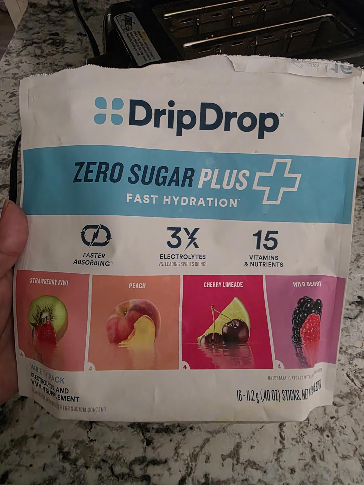 DripDrop Hydration Zero Sugar Plus Electrolyte Packets, Variety Pack, 16 Ct | Strawberry Kiwi, Peach, Cherry Limeade, Wild Berry; Sugar Free Powder Drink Mix; No Artificial Sweeteners; Low Calorie customer photo 1