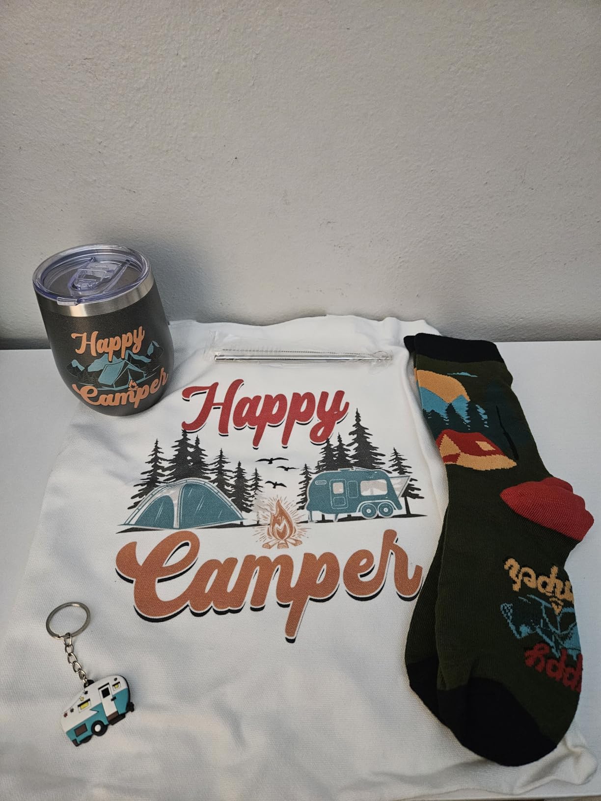 FoldTier 4 Pcs Camping Gift Set Includes 12 oz Stainless Steel Wine Tumblers Unisex Crew Socks Canvas Bag and Keychains Happy Rv Camper Gifts for Women Men Picnics Hiking customer photo 1