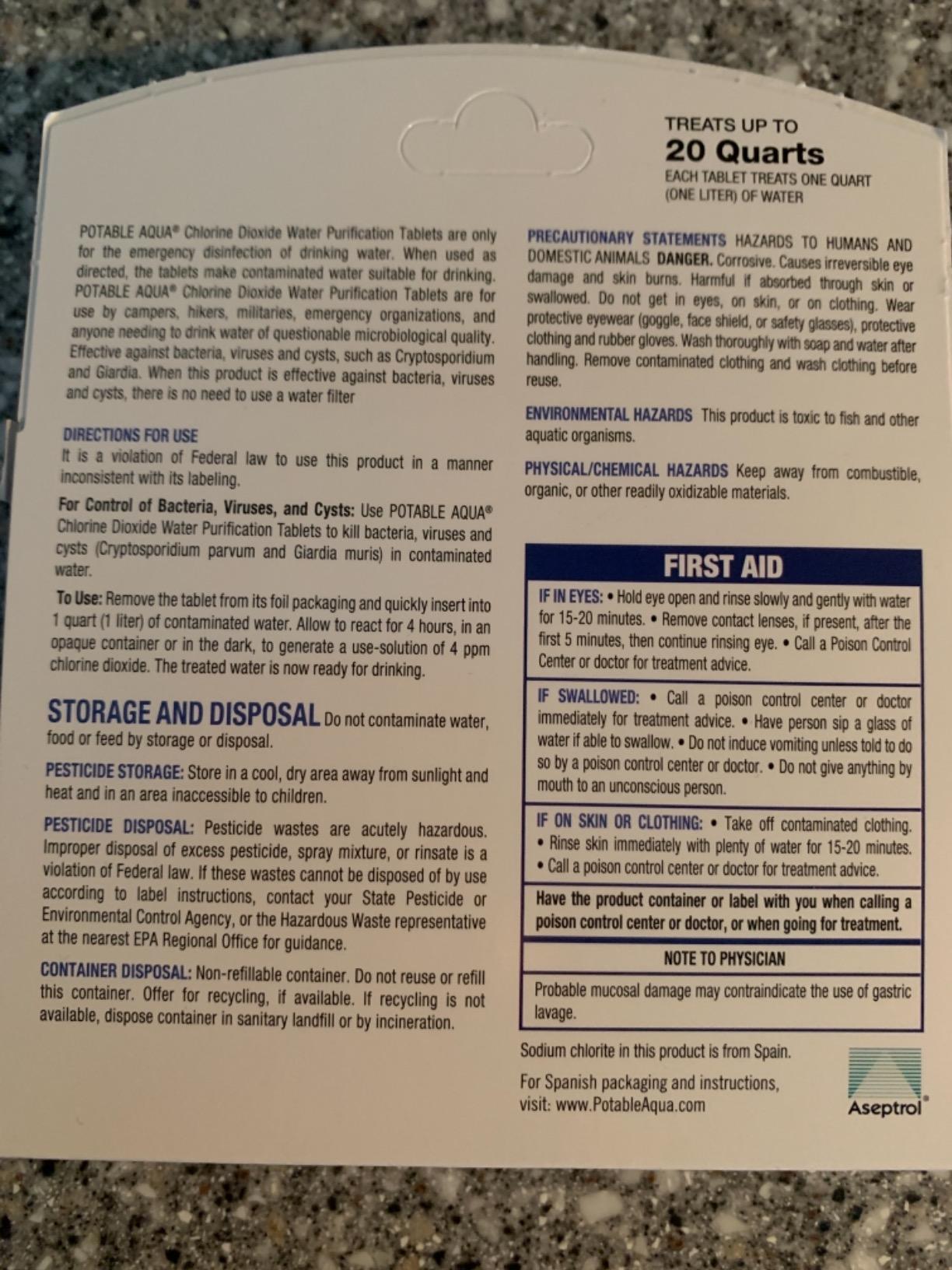 Potable Aqua Chlorine Dioxide Water Purification Tablets - 20 Count customer photo 1