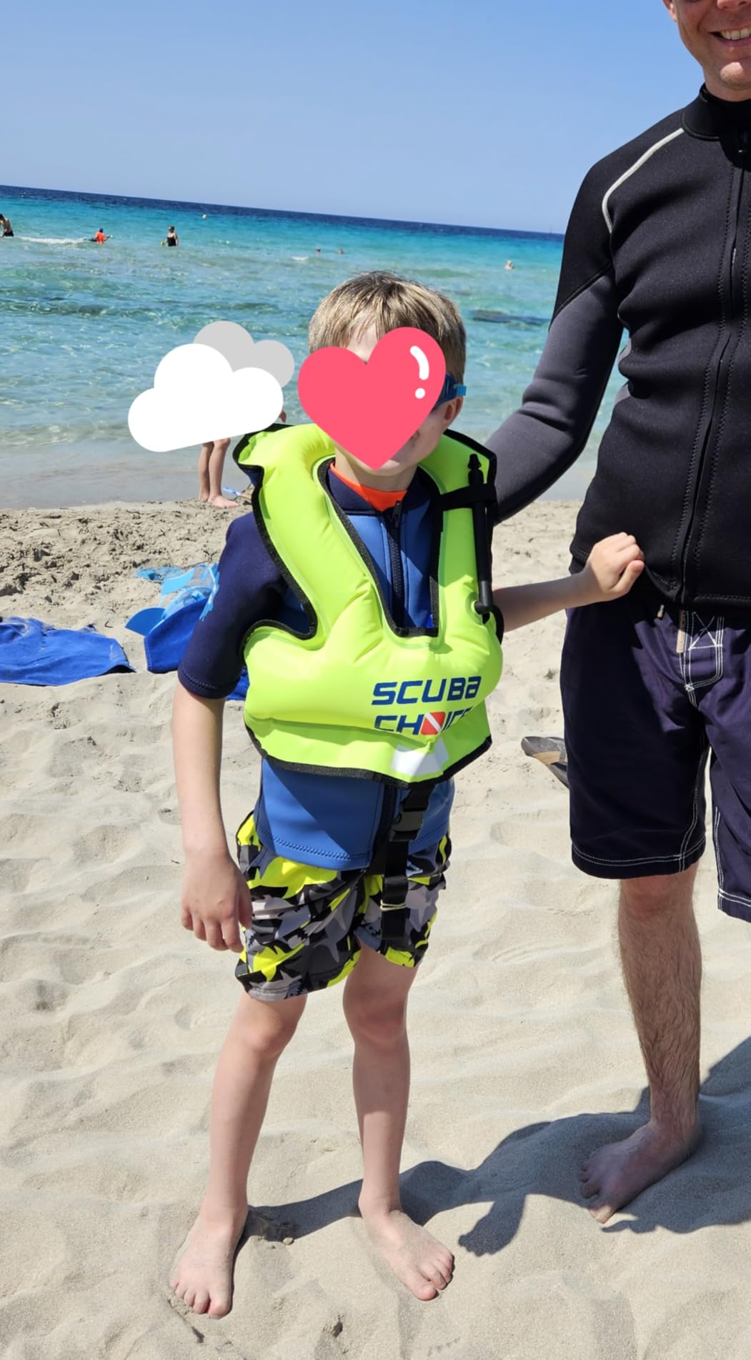 Scuba Choice Youth Kids Snorkel Vest - Neon Yellow/Blue Safety Floatation Aid, Up to 100 lbs, Adjustable Fit with Name Box & Anti-Ride-Up Strap, Easy Oral Inflator & Secure Crotch Strap customer photo 1