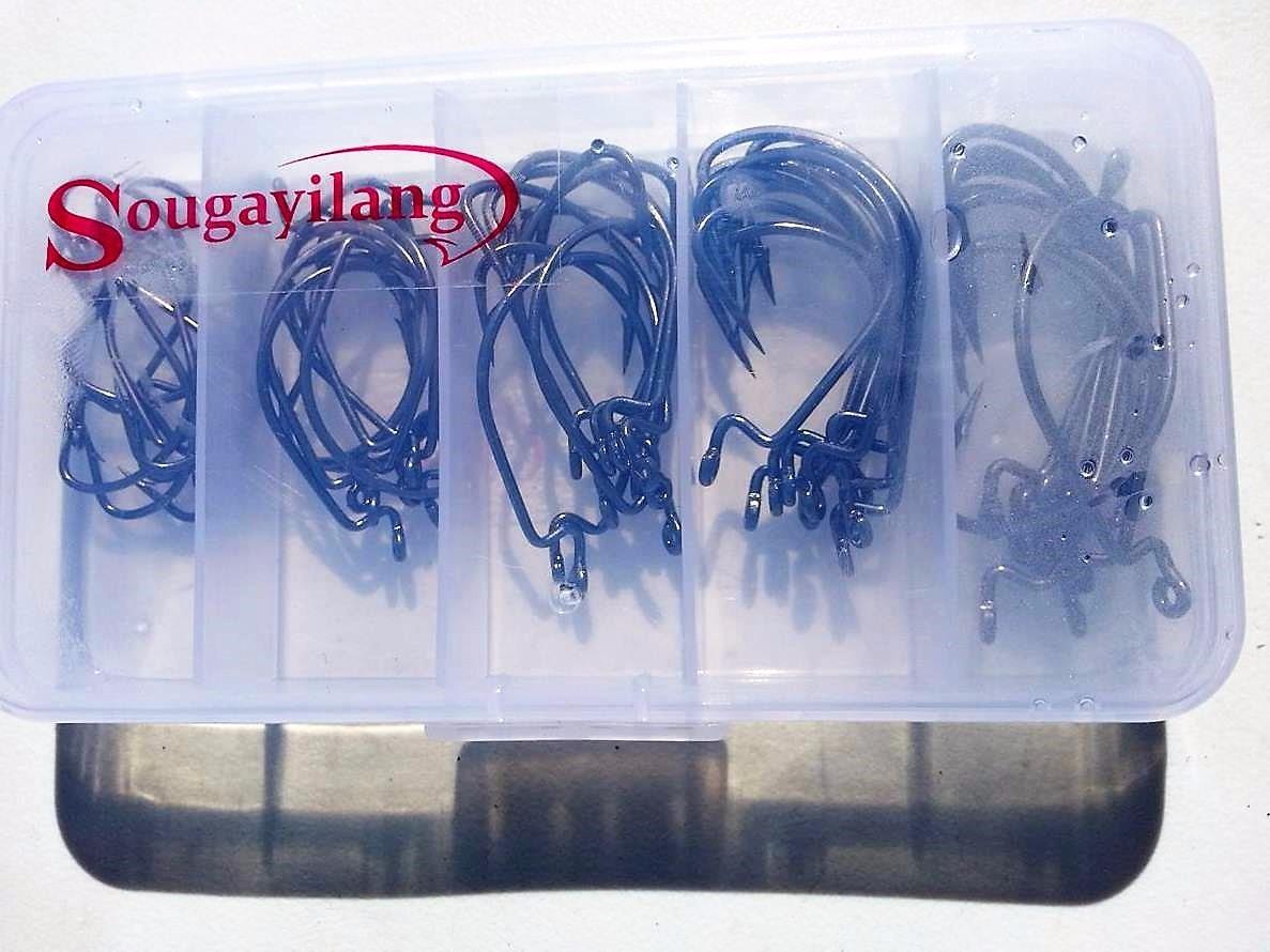 Sougayilang Offset Shank Worm Hooks - High Carbon Steel Weedless Fishing Hooks for Soft Plastic Baits, Texas Rig, Freshwater & Saltwater - 50PCS in 5 Sizes with Plastic Box customer photo 1