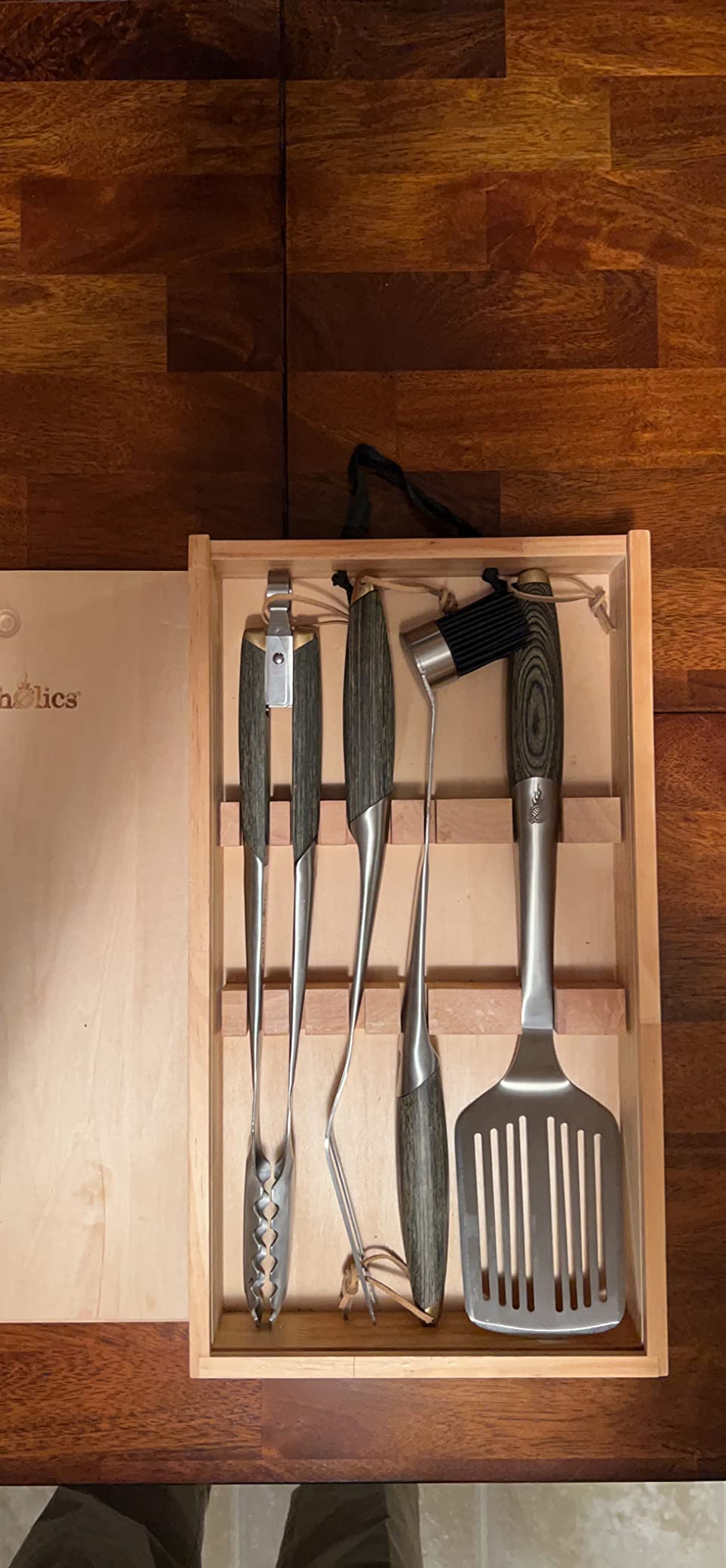 Grillaholics Premium BBQ Grill Tools - Luxury 4-Piece Barbecue Utensils Grill Set with Wooden Gift Box | Father's Day Gift | Includes Spatula, Tongs, Meat Fork, & Silicone Baster customer photo 2