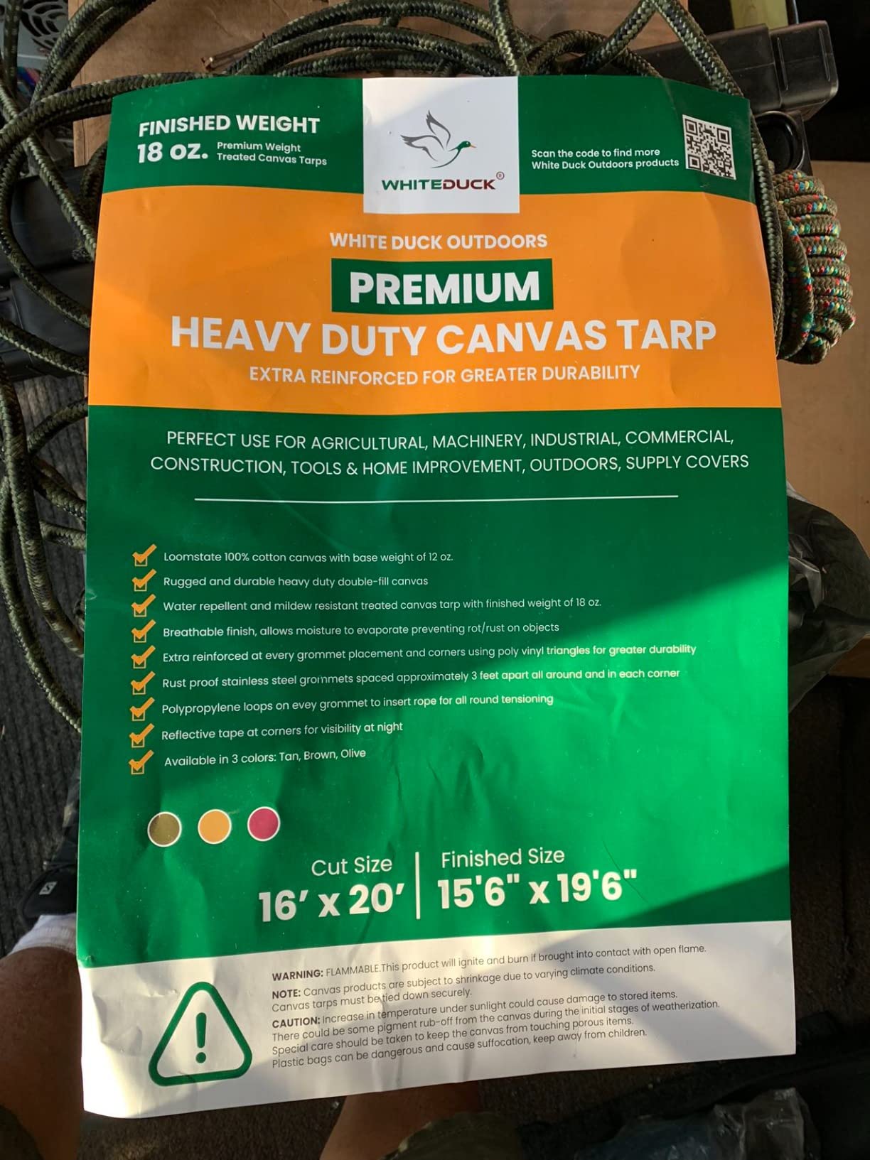 WHITEDUCK Canvas Tarp 18 oz. Heavy Duty Water Repellent UV Resistant, Rustproof Grommets, Industrial & Commercial Use Cloth Tarps (Cut Size: 6x8, Finished Size: 5'6