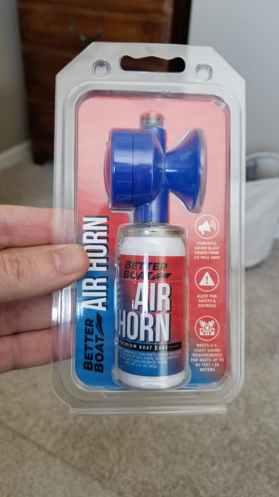 Air Horn 1.4 oz 120 dB, Compact Emergency Signal Horn for Boating Safety, Handheld Fog Horn Heard 1/2 Mile, Made in USA, Better Boat customer photo 1