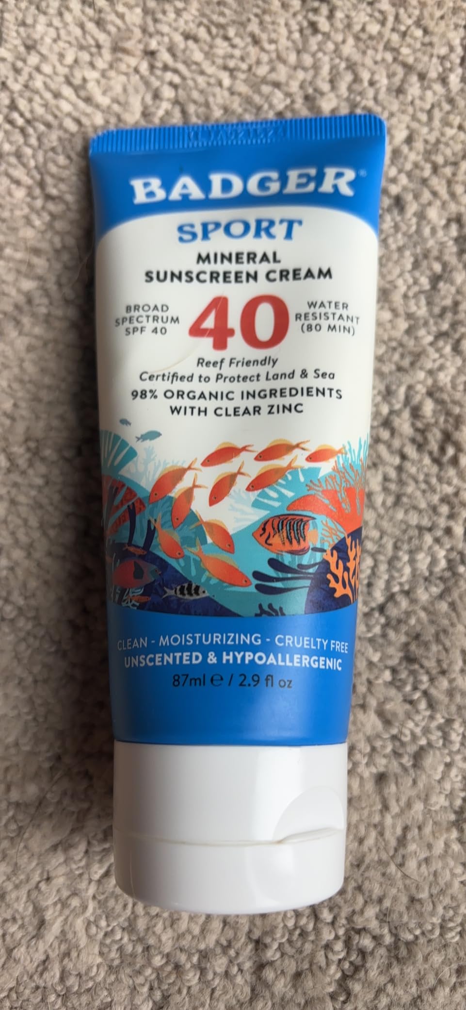 Badger Sport Mineral Sunscreen, Reef Safe, SPF 40, 98% Organic with Zinc Oxide, Water Resistant, Hawaii Reef Act 104 Compliant, Unscented & Hypoallergenic, For Sports & Adventures, 2.9 fl oz customer photo 1