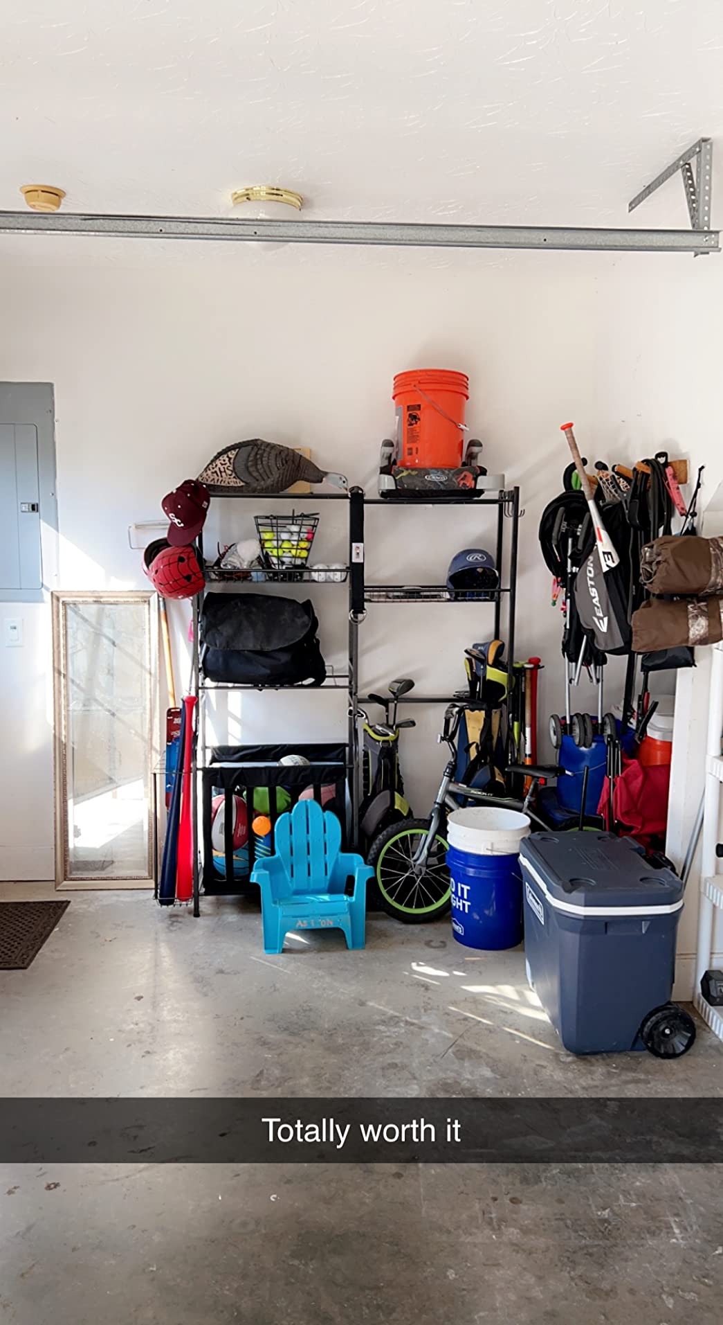 Mythinglogic Sports Equipment Organizer for Garage with Golf Bag Storage | Large metal rack organizes golf bags, sports balls, bats, rackets, skates and accessories with shelves, baskets and hooks customer photo 1