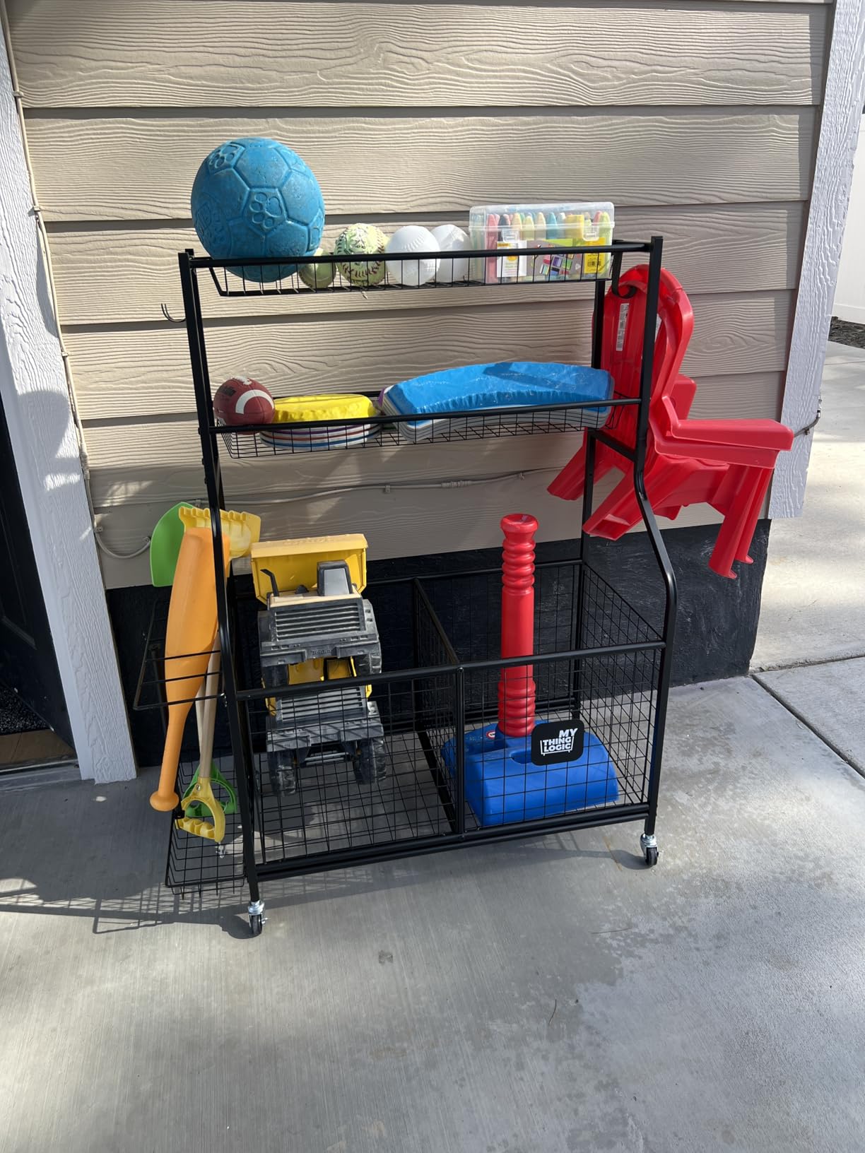 Mythinglogic Rolling Sports Equipment Organizer for Garage Gear and Toys | Metal rolling organizer stores balls, bats, rackets, helmets, bags and outdoor toys in separate bins, baskets and hooks customer photo 2