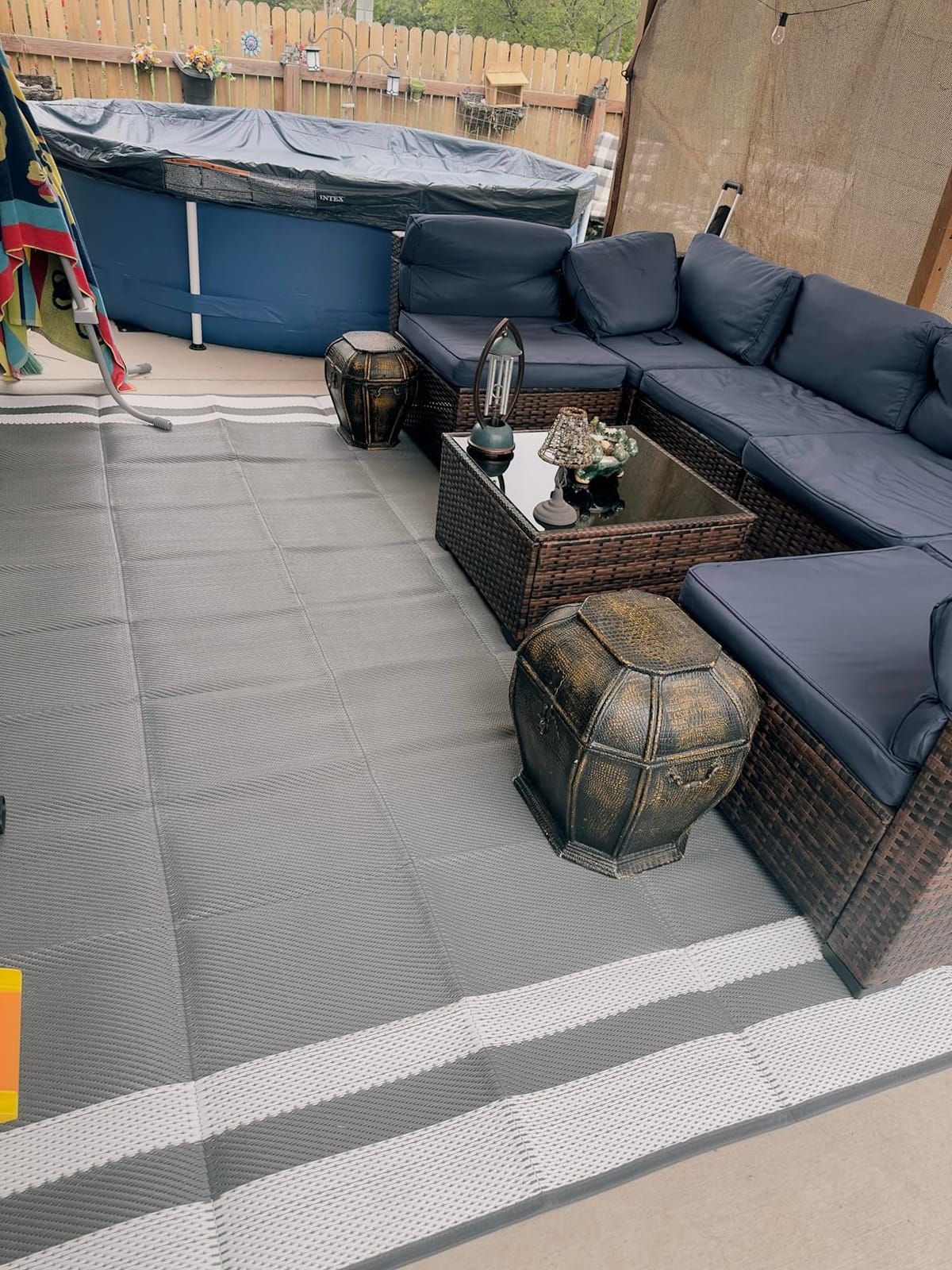 HappyTrends Outdoor Rug Portable Plastic Straw Camping Rugs for Outside RV | Large Reversible Waterproof Outdoor Area Rugs for Patio, Deck, Porch, Balcony (5'x 8', White&Gray) customer photo 1