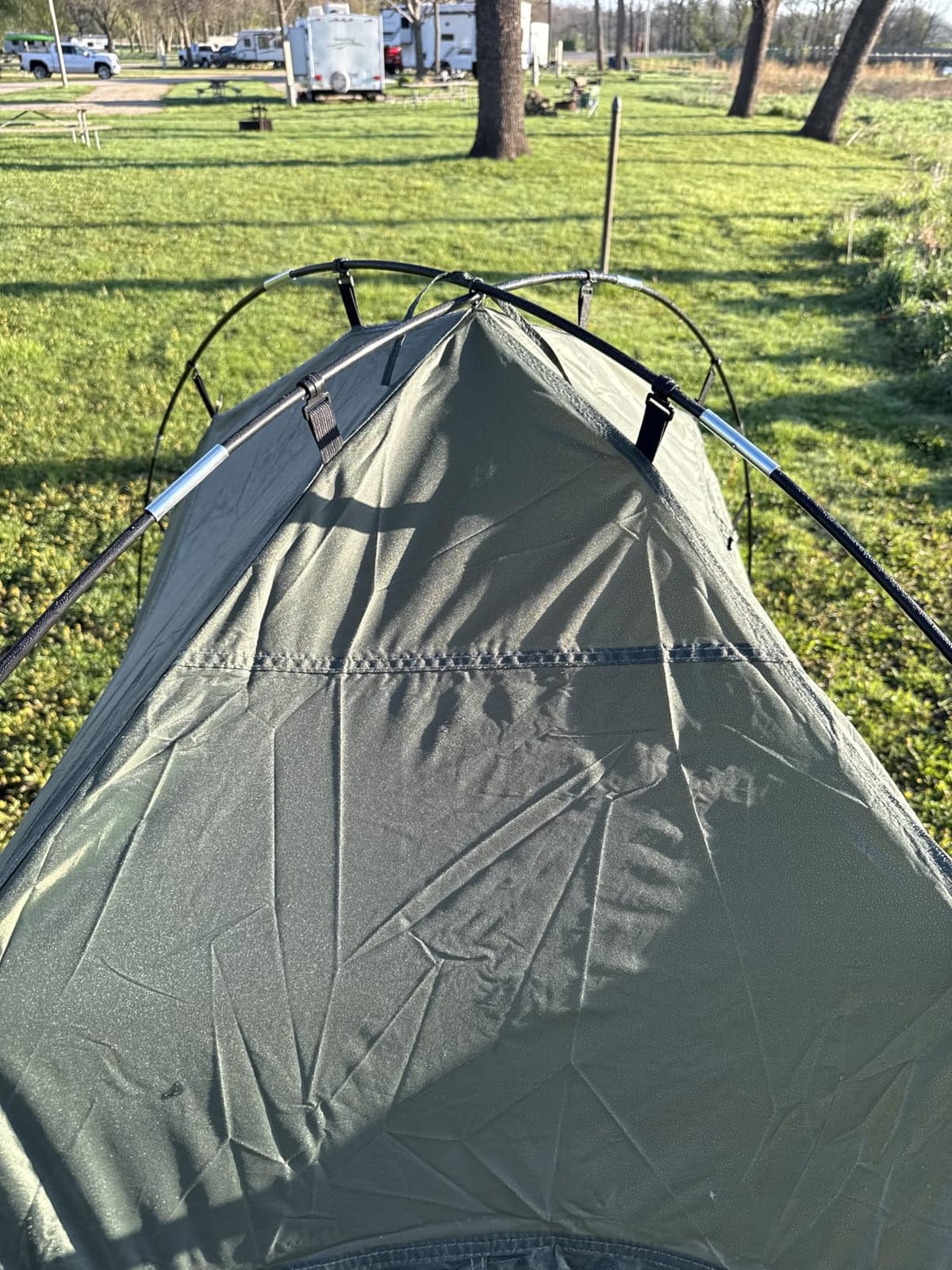 GYMAX Tent Cot, 5-in-1 Folding Camping Cot with Mattress & Pillows, Sleeping Bags, Sunshade, Camping Tent Elevated with Carrying Bag for Outdoor Hiking, Fishing, Picnic (2-Person) customer photo 2