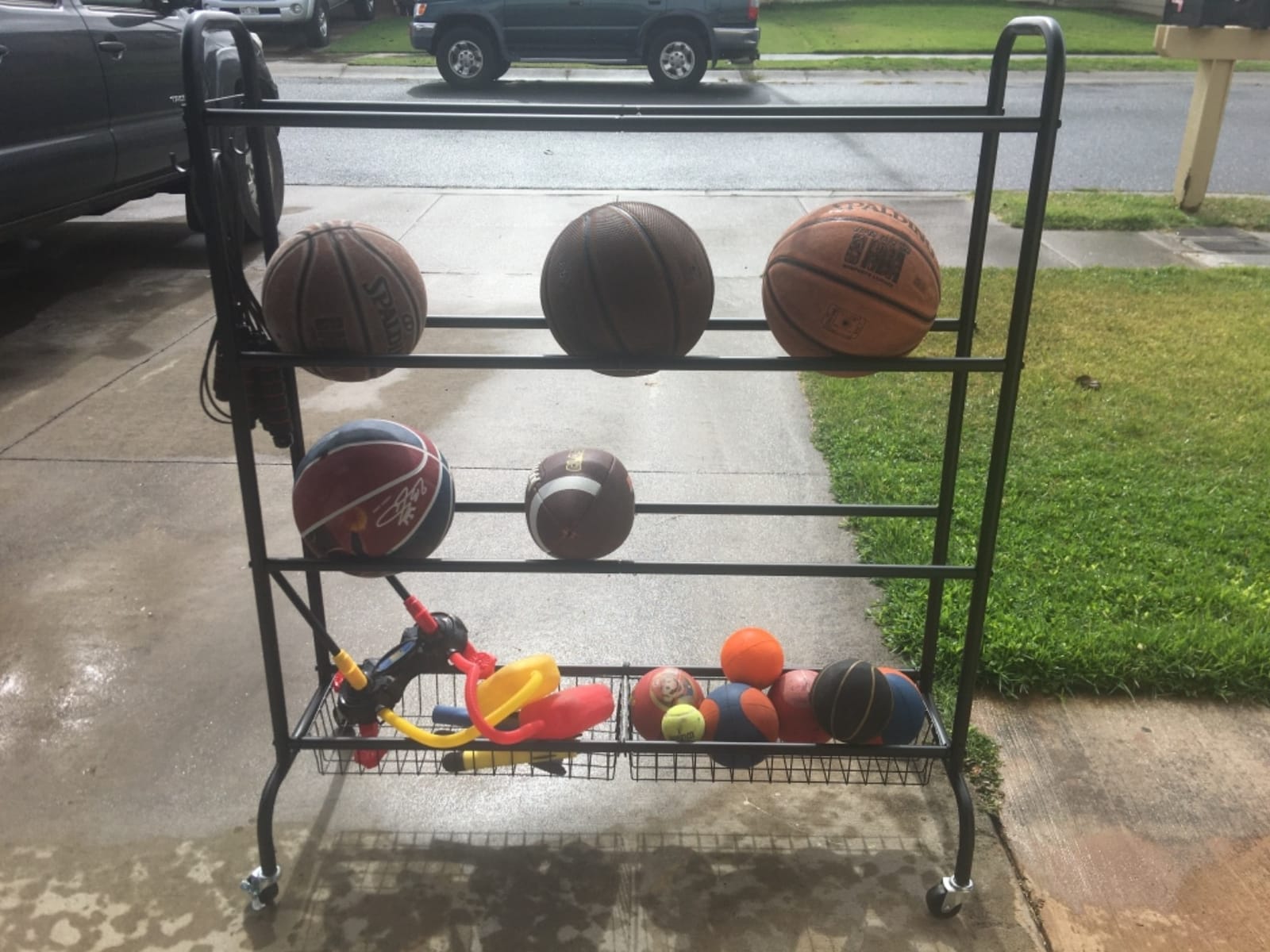 EXTCCT Ball Storage Rack with Wheels for Garage, Sports Equipment Organizer | Heavy duty basketball rack for balls, Rolling Ball cart with hooks, bat holder for garage, indoor and outdoor customer photo 1