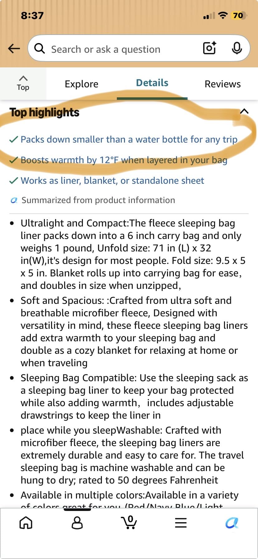 Fleece Sleeping Bag Liner, Sleeping Sack Adult Travel, Sleeping Bag Sheets, Lightweight Travel Camping Sheet, 71 in x 32 in, Unisex Adult customer photo 1
