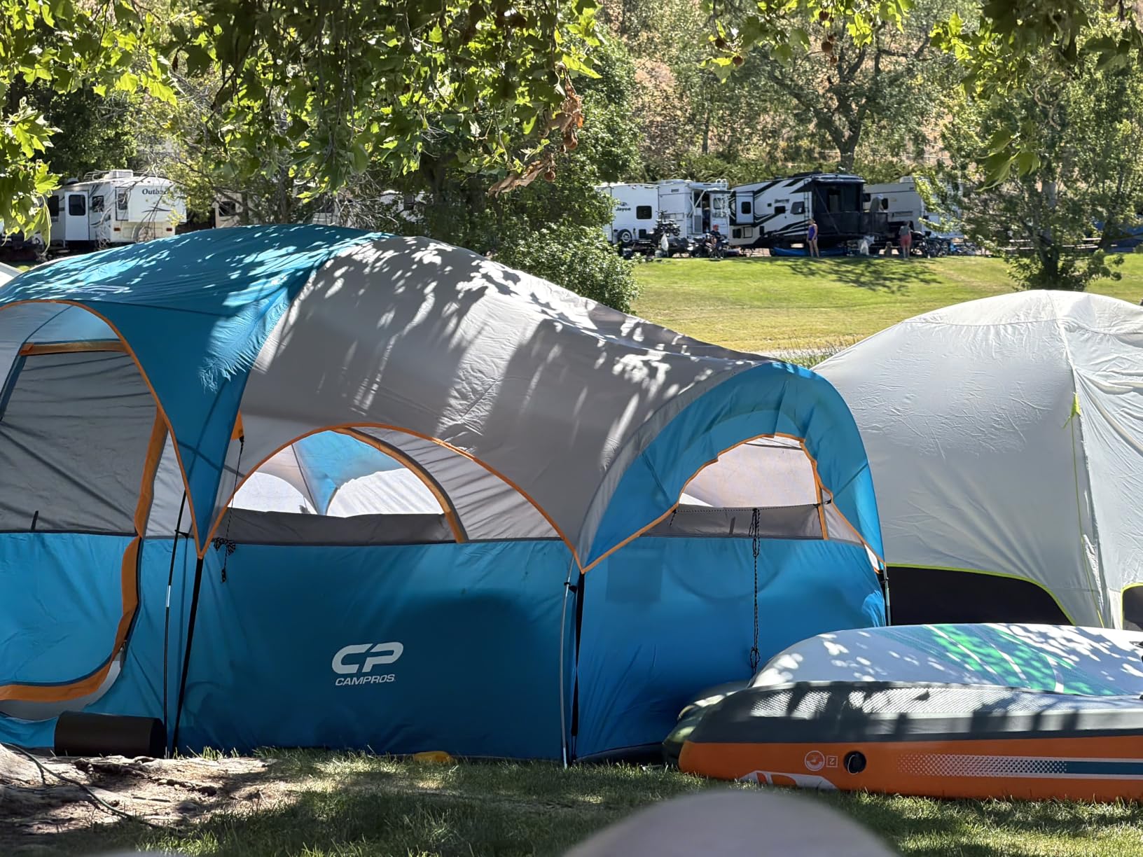 CAMPROS CP 8 Person Camping Tent, Room Divider, Rainfly, Weather Resistant | Family tent with 5 large mesh windows, double-layer design, and a carry bag, 14' x 9' x 72