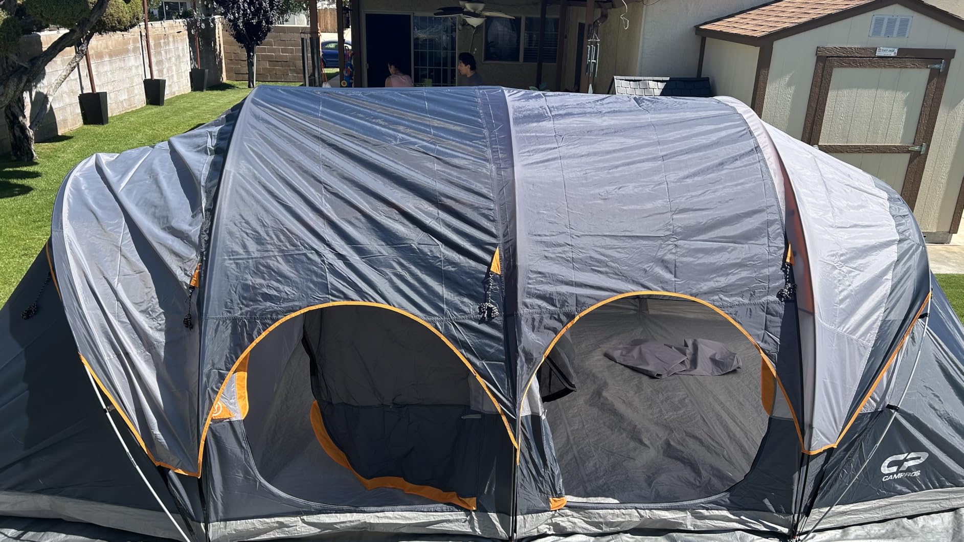 CAMPROS CP 12 Person Camping Tent, 3-Room Family Tent, Rainfly, Waterproof | Windproof double-layer design with 2 divider curtains, 6 large mesh windows, easy setup, and a carry bag, 20' x 9' x 72