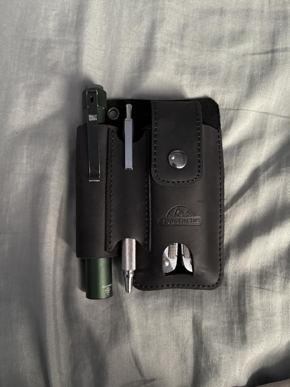Topstache Leather Multitool Sheath - Multi Tool Holster with Belt Clip - EDC Belt Organizer Fits Multitool, Flashlight, Pen - Leather EDC Pouch Belt Holder Case with Closure Flap, Darkbrown customer photo 2