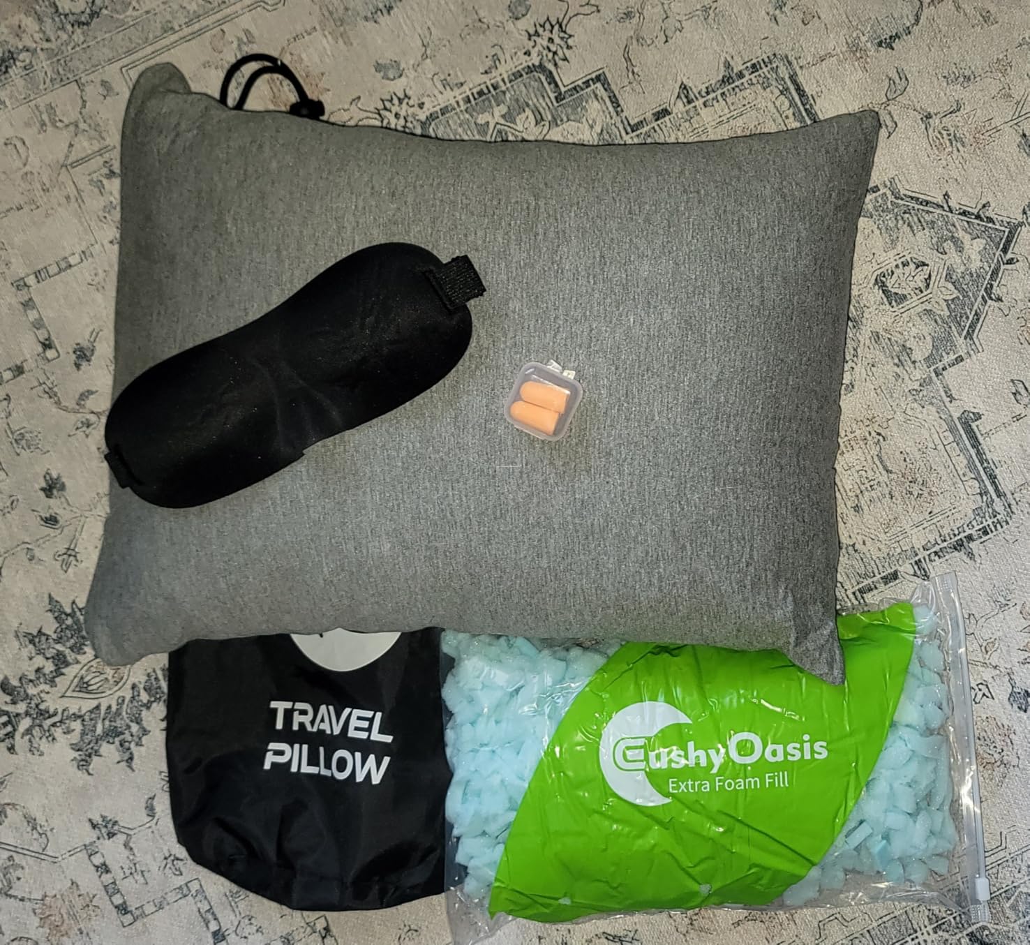 CushyOasis Camping Pillow Set with Travel Pillow, Eye Mask, Earplugs Small | Compact Travel Pillow Set, Neck Pillow, Camping Backpacking Fights Car Trips, Washable Cover, Adjustable Shredded Memory Foam customer photo 2