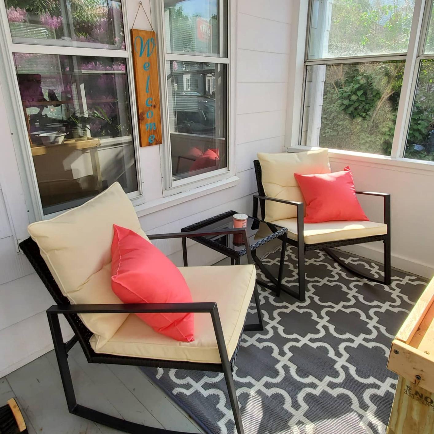 SUNCROWN 3 Piece Outdoor Rocking Bistro Set Black Wicker Furniture Porch Chairs Conversation Sets with Glass Coffee Table, Beige customer photo 1