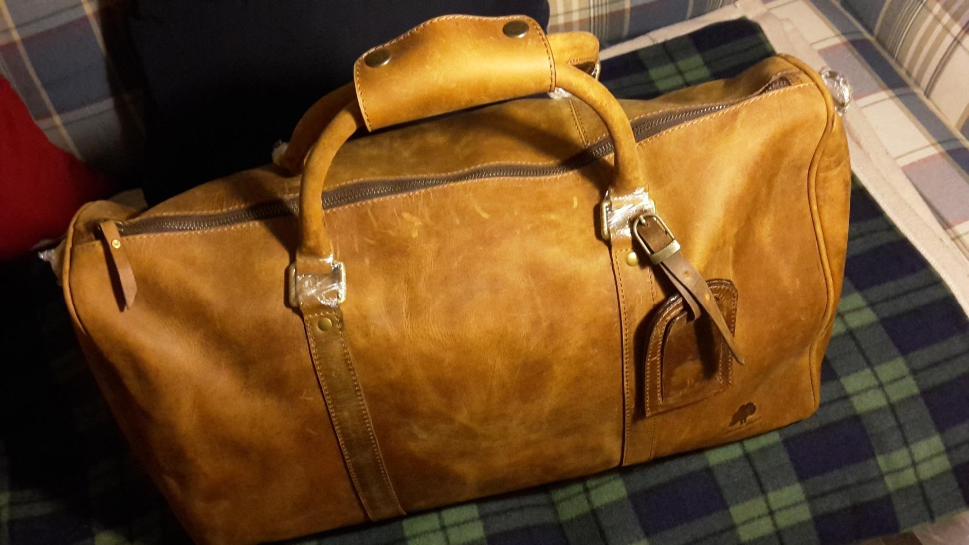 Men's Leather Travel Bag - Weekender Sports Travel Shoulder Bags Aeroplane Hand Luggage Men Duffle Bag (Large), Mulberry, L, leather duffel bag customer photo 2
