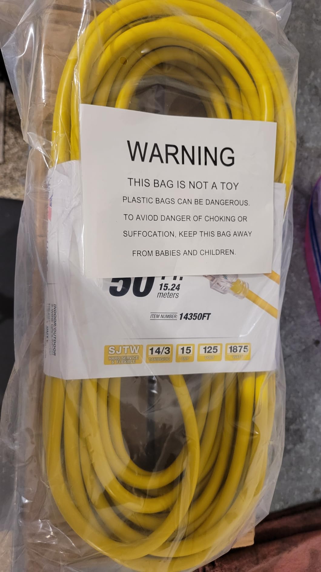 50ft Outdoor/Indoor Extension Cord 14/3 Gauge Heavy Duty 3 Prong SJTW, Waterproof, Flexible Cold-Resistant Long Power Cord, 15A 125V 1875W, Yellow by LifeSupplyUSA customer photo 2