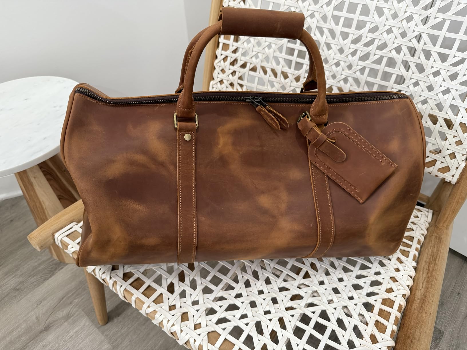 Leather Travel Duffel Bag, Mens Classic Gift Leather Weekend Bag Overnight Full Grain Retro Sport Gym Carry on Luggage YKK Zipper (Brown) customer photo 1