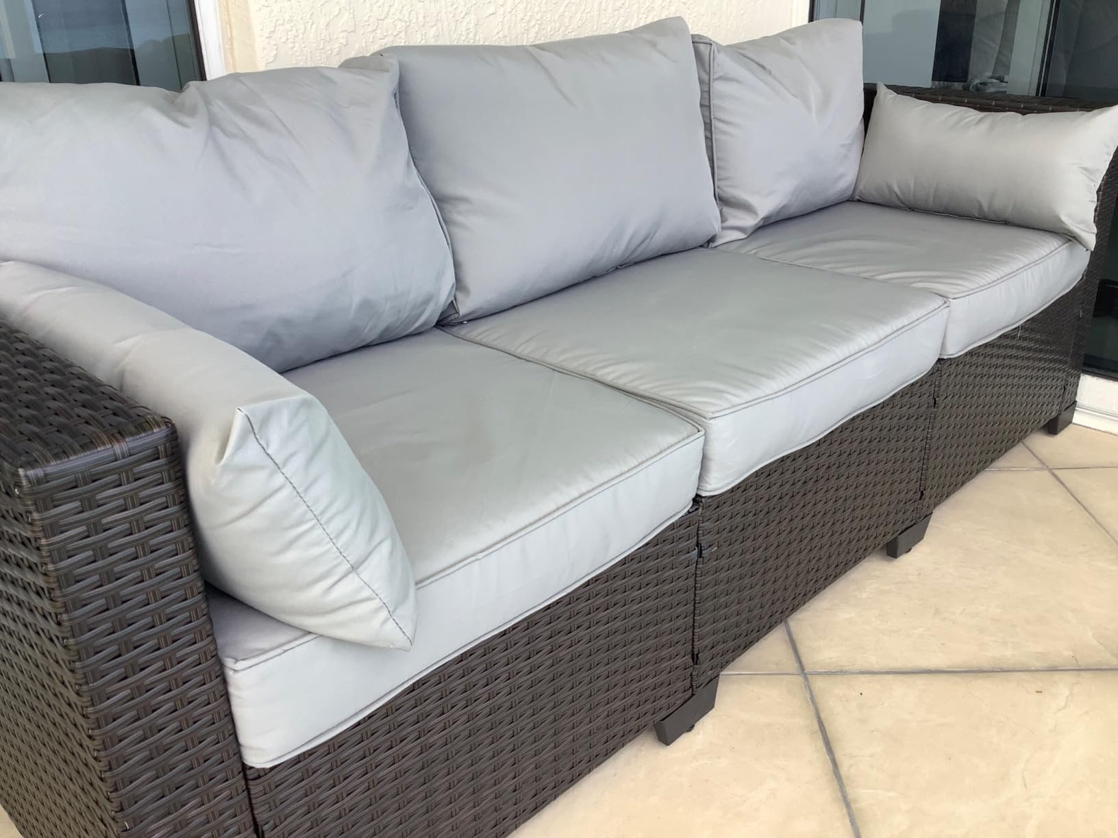 Rattaner 3-Seat Patio Wicker Sofa, Outdoor Rattan Couch Furniture Steel Frame with Furniture Cover and Deep Seat High Back, Blue Anti-Slip Cushion. customer photo 1