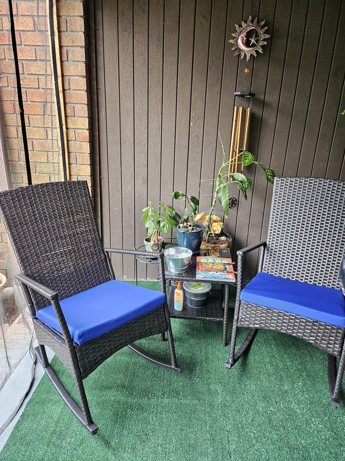 Outdoor HDPE Wicker Rocking Chair 3-Piece Patio Rattan Bistro Set 2 Rocker Armchair and Glass Coffee Side Table Furniture Washable Lacing Cushions, Khaki customer photo 1