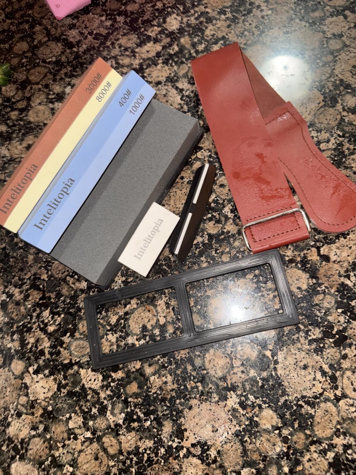 Intelitopia Complete Knife Sharpening Stone Set - Dual Grit Whetstone 400/1000 3000/8000 with Leather Strop, Flattening Stone, Bamboo Base, and Angle Guide customer photo 1