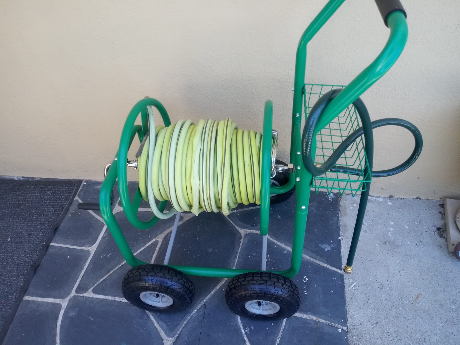 Garden Hose Reel Cart with Wheels, Holds 300-Feet of 5/8-Inch Hose, Heavy Duty Yard Water Planting 4 Wheels Outdoor Garden Lawn Water Truck with Storage Basket,Black customer photo 1