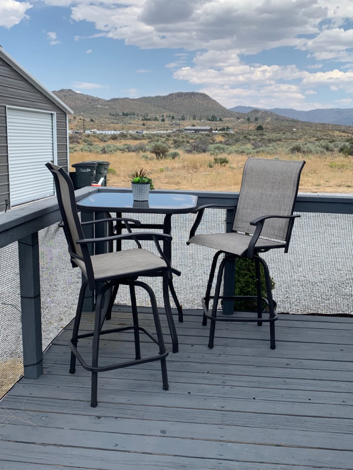 Vongrasig 3 Piece Patio Swivel Bar Set, All Weather Mental Textilene High Swivel Stools Chair Set of 2 and Glass Bar Table, Outdoor High Top Bistro Set for Lawn Garden, Balcony, Taupe customer photo 1