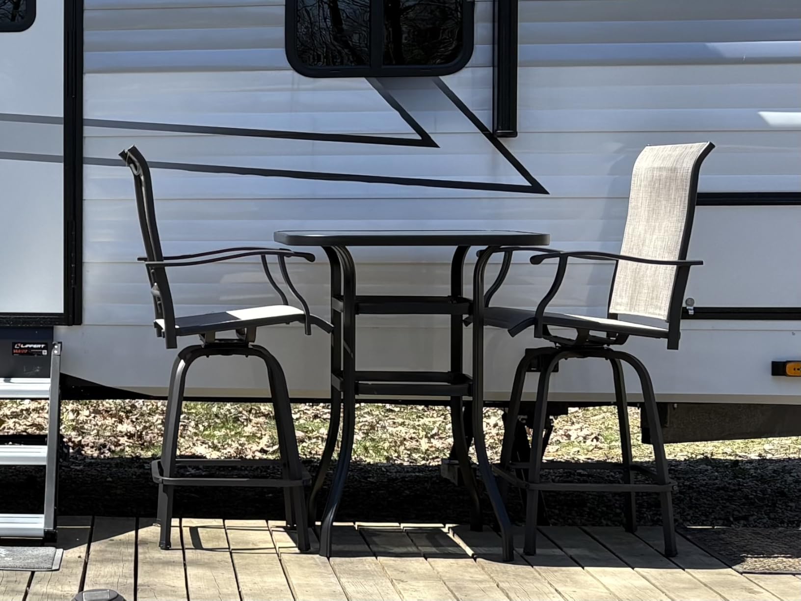 Vongrasig 3 Piece Patio Swivel Bar Set, All Weather Mental Textilene High Swivel Stools Chair Set of 2 and Glass Bar Table, Outdoor High Top Bistro Set for Lawn Garden, Balcony, Taupe customer photo 2